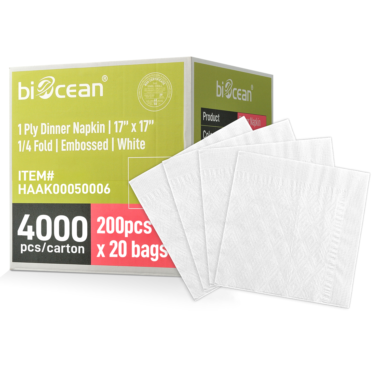 [4,000ct] 17" x 17" 1-Ply Dinner Napkins | 1/4 Fold | White