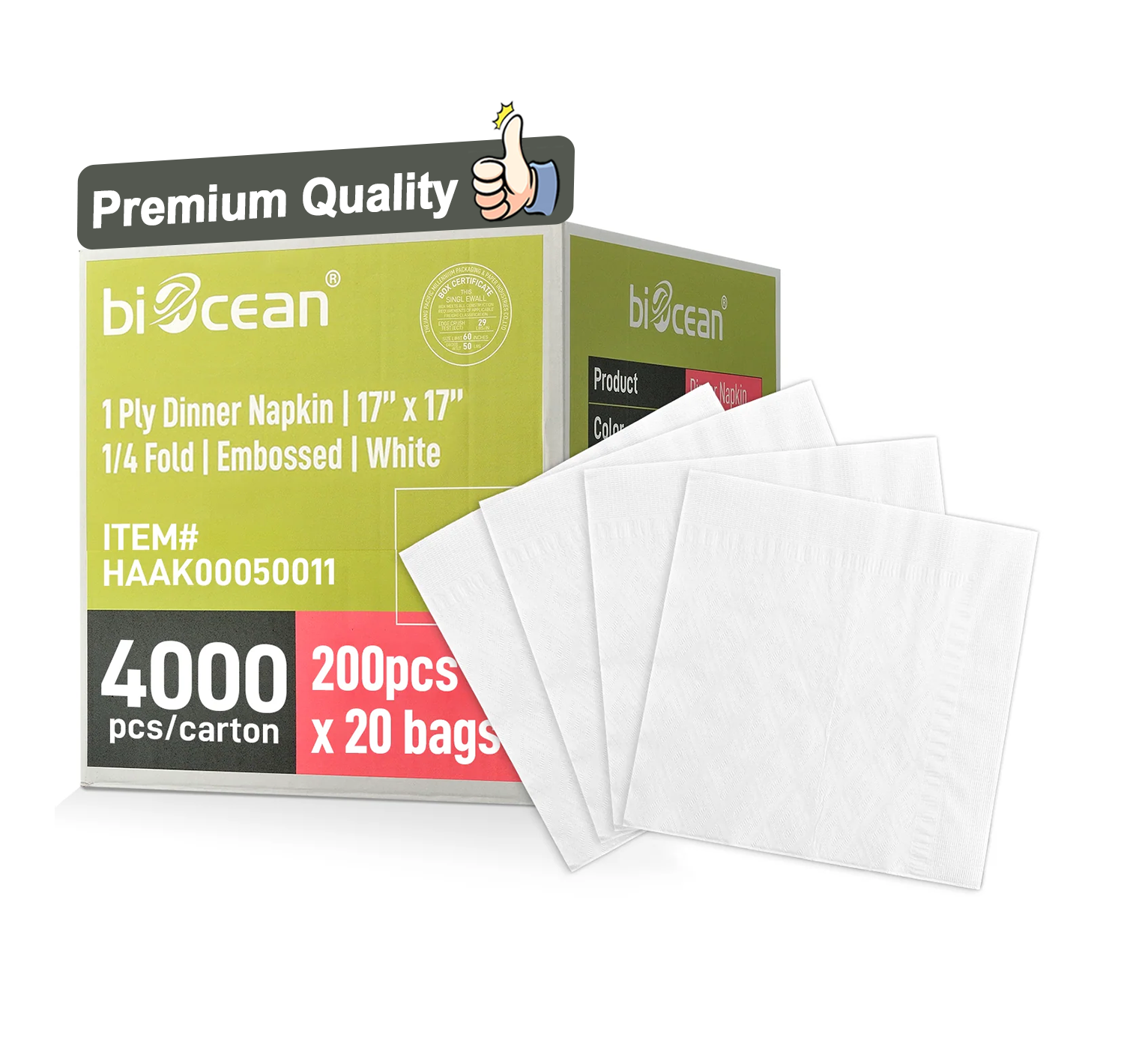 Box of Biocean premium quality dinner napkins with white napkins displayed.