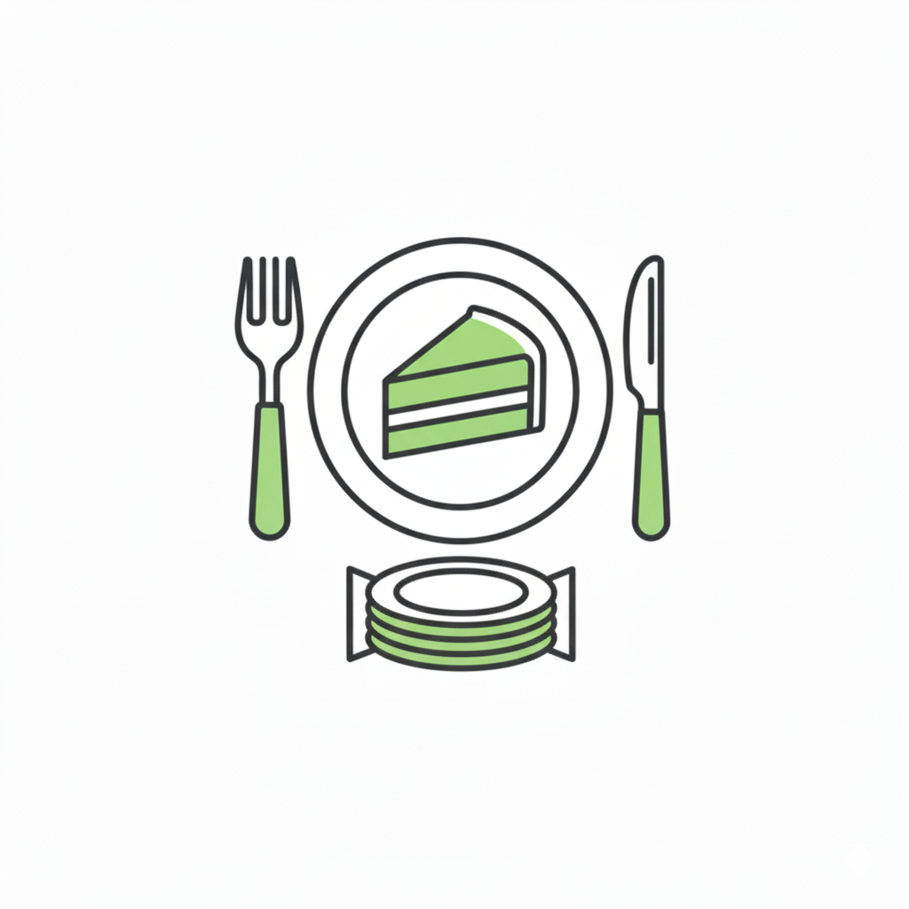 Icon of a slice of cake on a plate with a fork and knife on either side, on a white background.