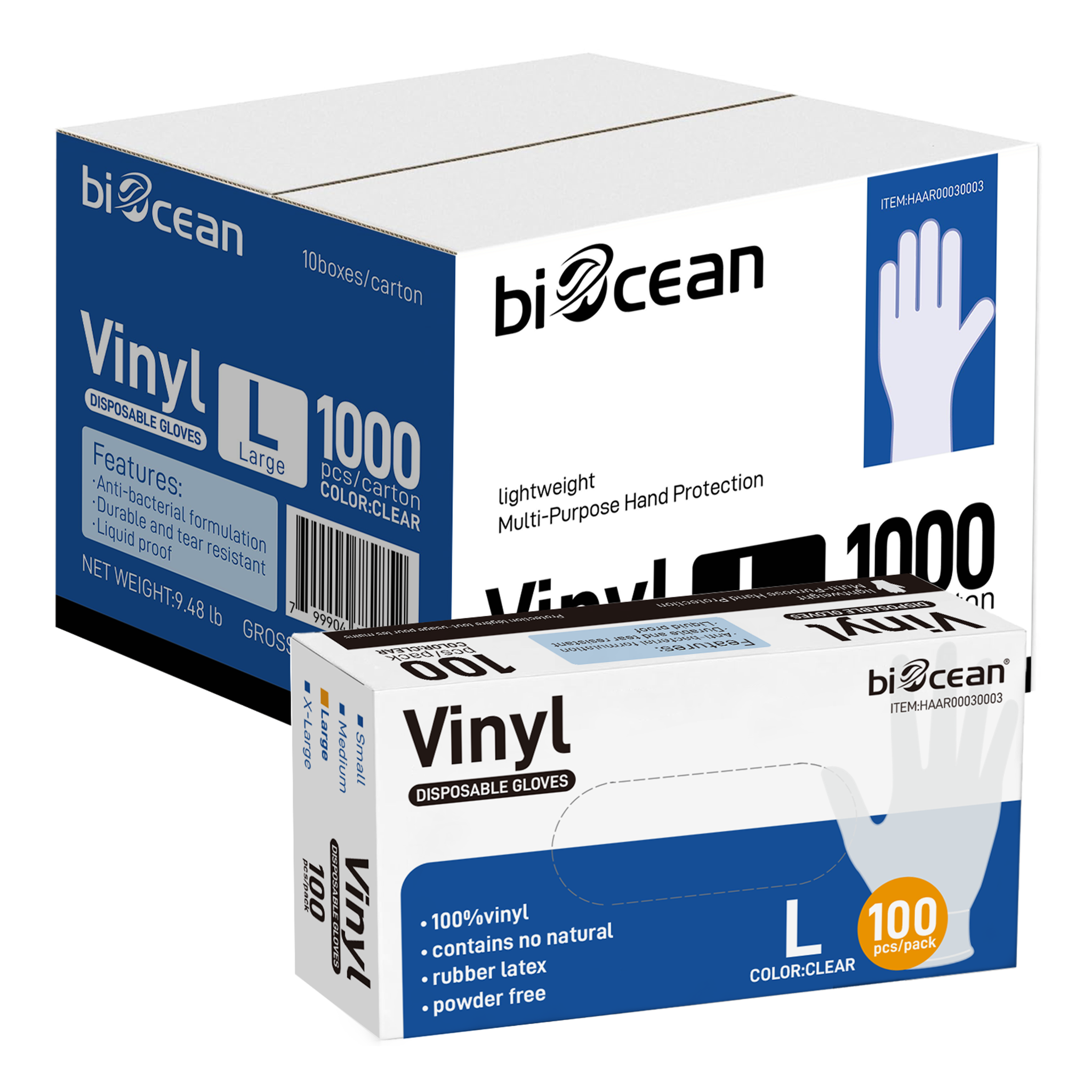 [1,000ct] Powder-Free  Vinyl Gloves | Large | Clear