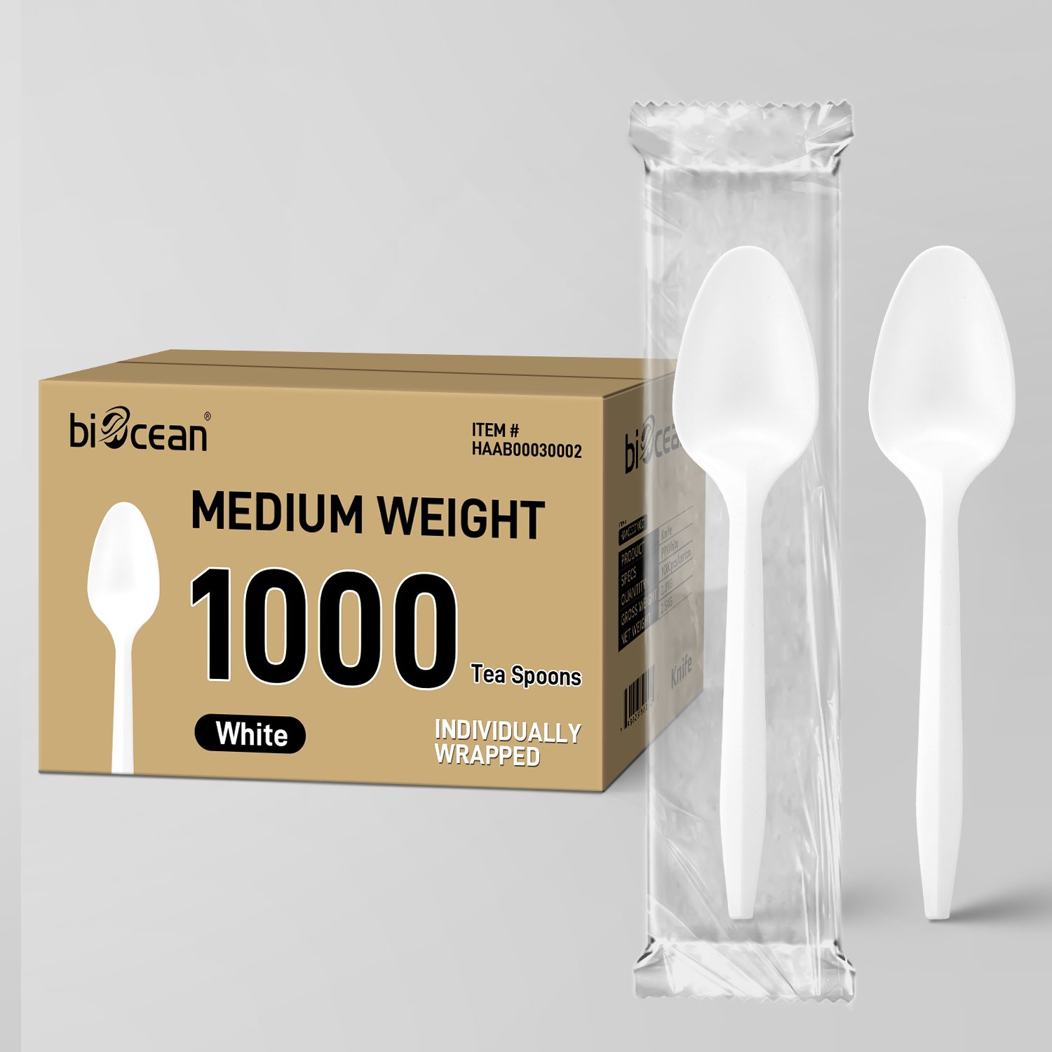 Medium Weight White PP Plastic Wrapped Tea Spoons - 1,000/Case