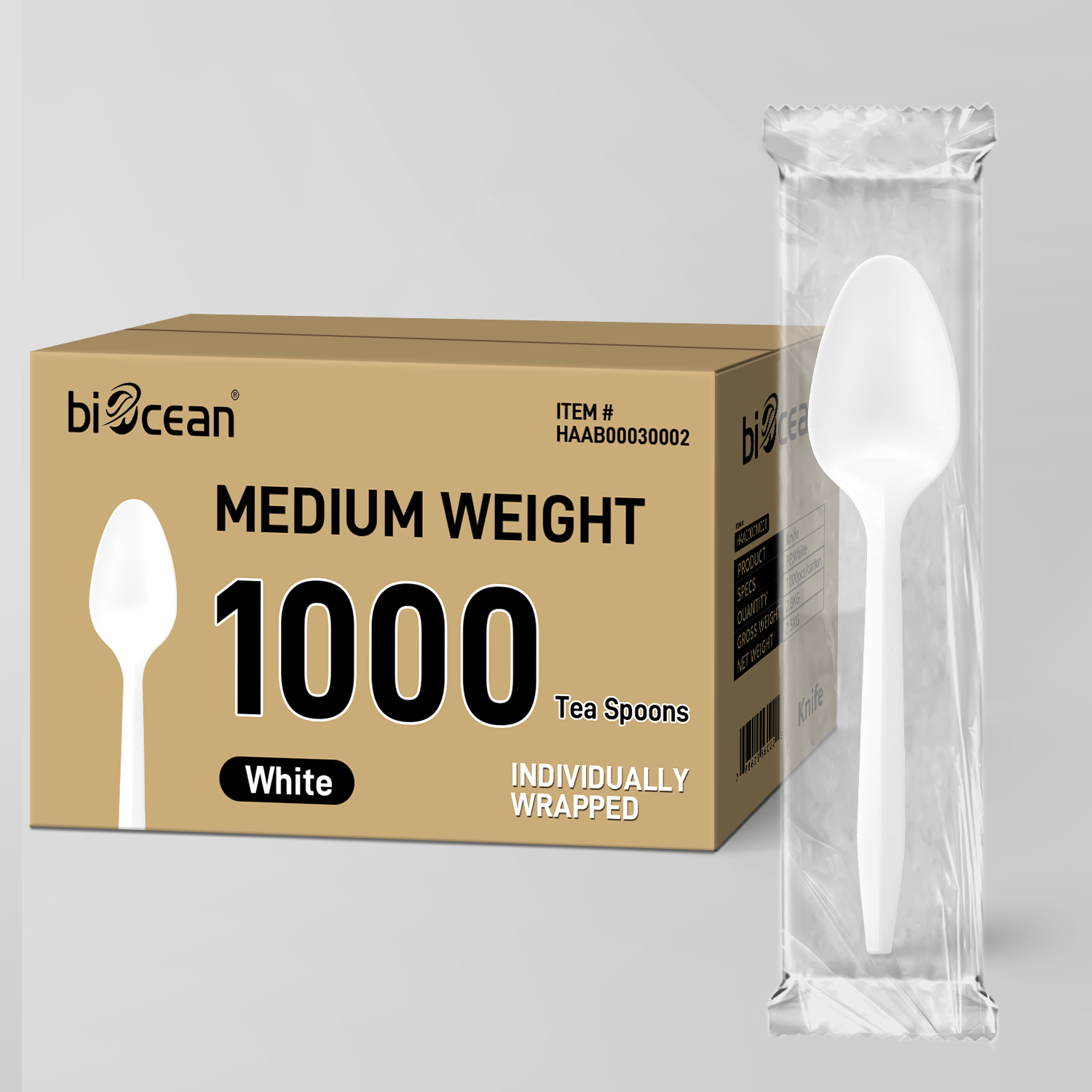 Medium Weight White PP Plastic Wrapped Tea Spoons - 1,000/Case