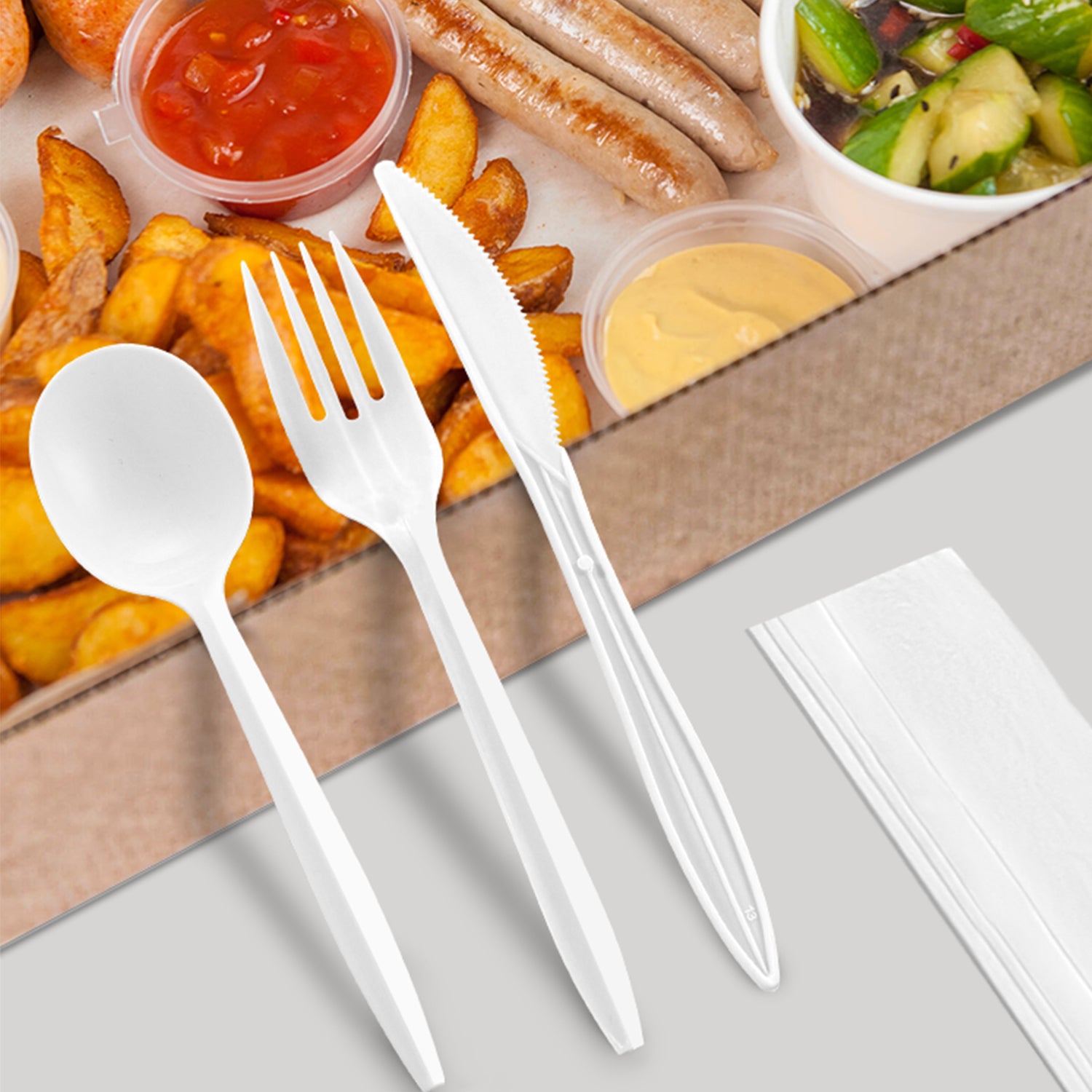 [250ct] PP Plastic Medium Weight Cutlery Kits (Knife,Fork,Soup Spoon,Napkin) | White