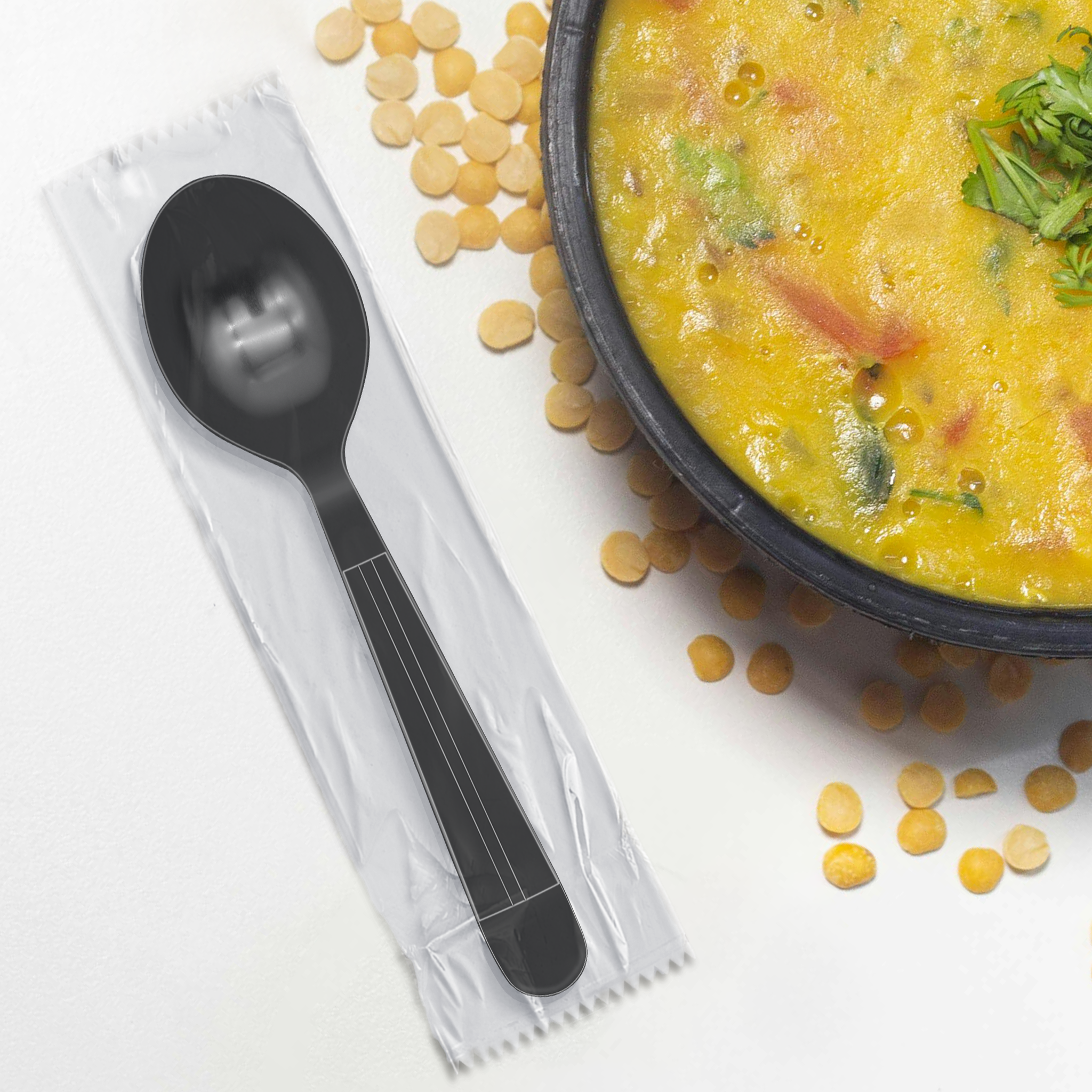Heavy Weight Black PP Plastic Wrapped Soup Spoons - 1,000/Case