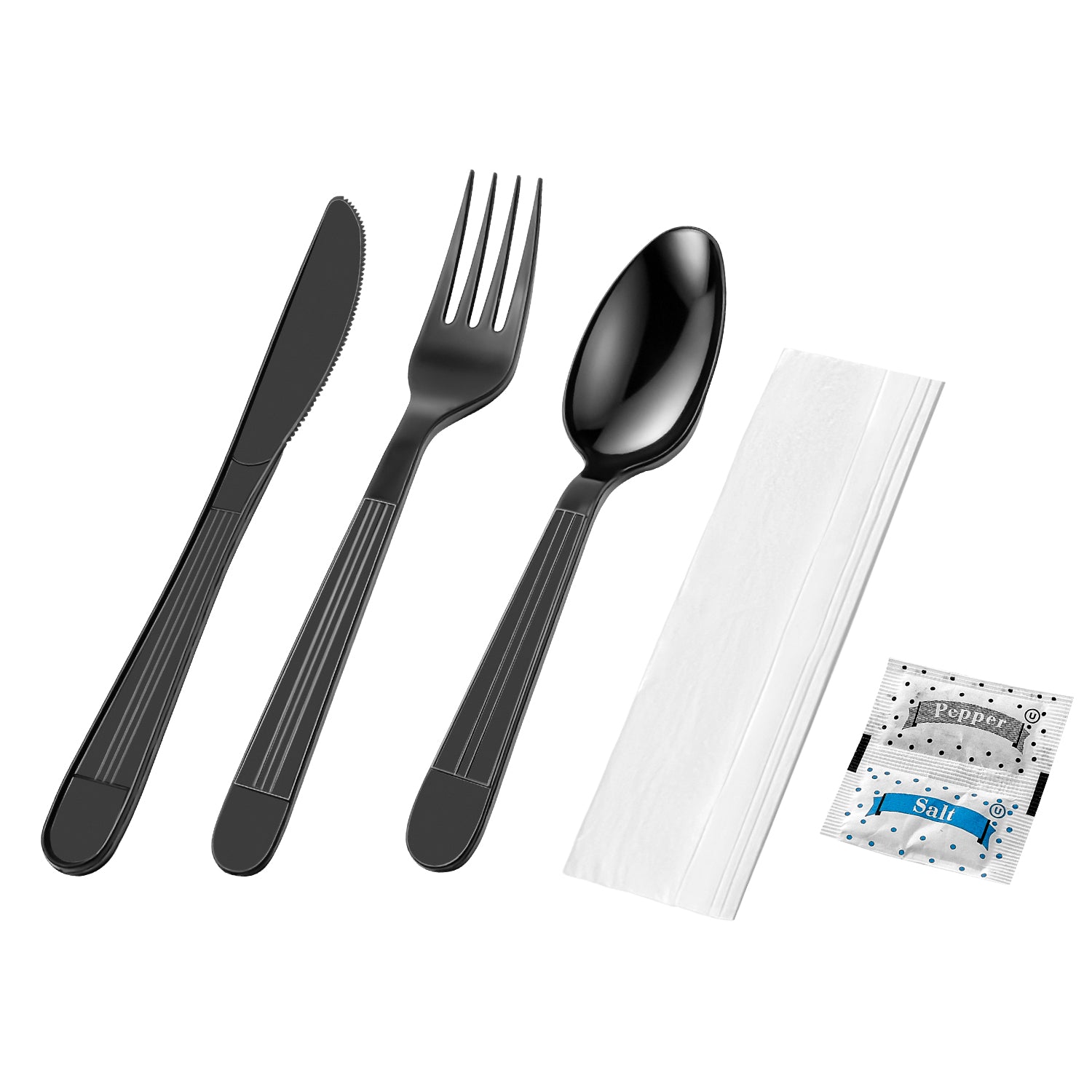 Heavy Weight Black PP Plastic Cutlery Kit with Knife, Fork, Tea Spoon, Napkin, and Salt/Pepper Packets- 250/Case