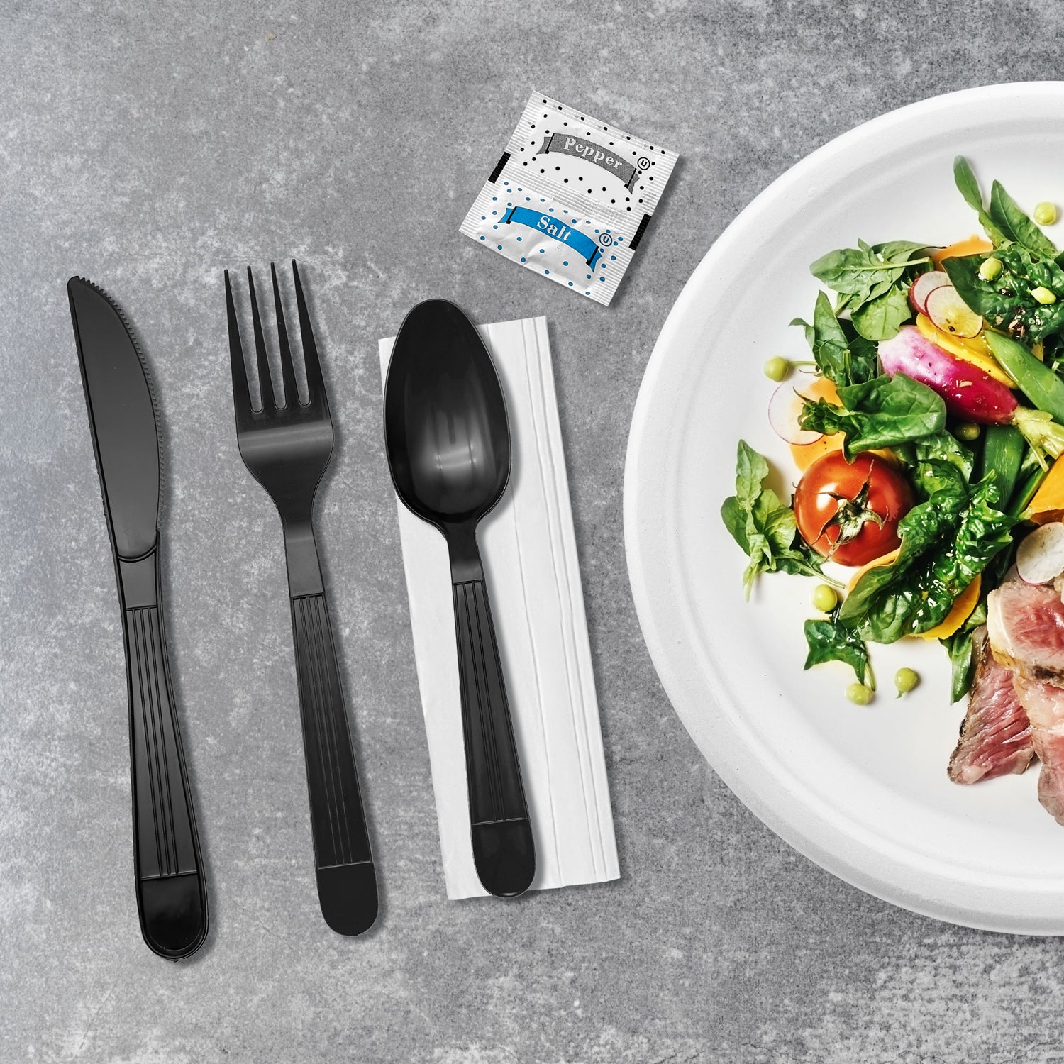 Heavy Weight Black PP Plastic Cutlery Kit with Knife, Fork, Tea Spoon, Napkin, and Salt/Pepper Packets- 250/Case