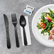 Heavy Weight Black PP Plastic Cutlery Kit with Knife, Fork, Tea Spoon, Napkin, and Salt/Pepper Packets- 250/Case