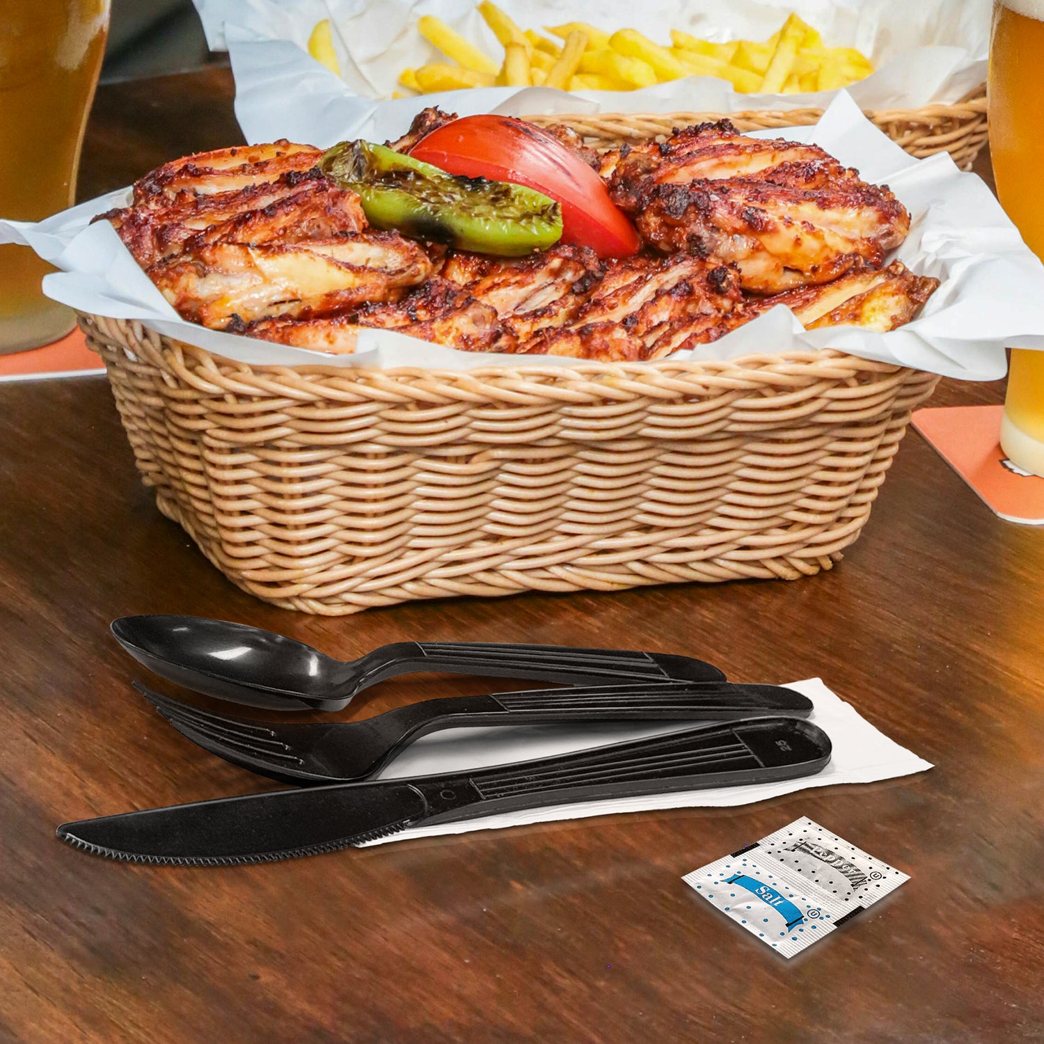 Heavy Weight Black PP Plastic Cutlery Kit with Knife, Fork, Tea Spoon, Napkin, and Salt/Pepper Packets- 250/Case