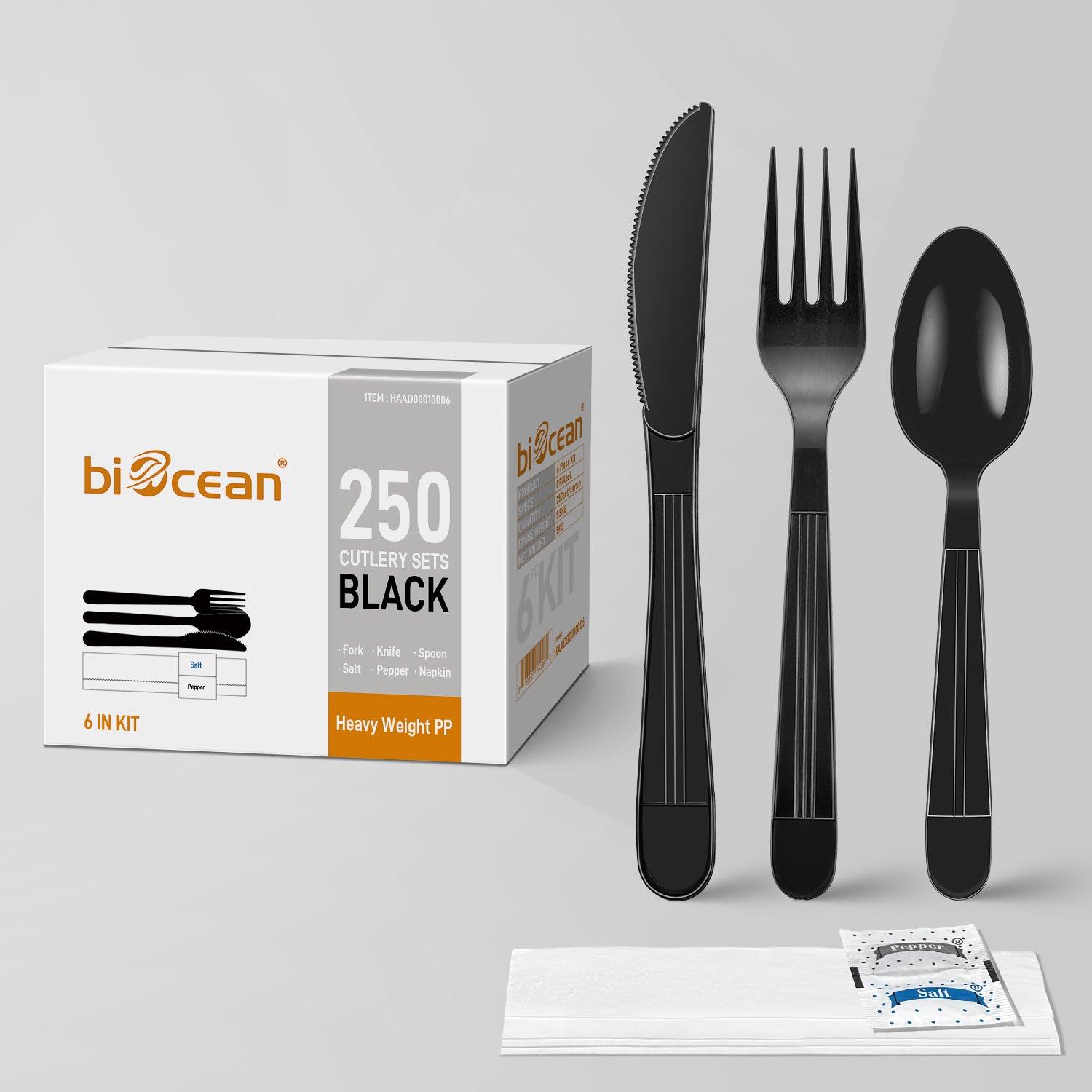 Heavy Weight Black PP Plastic Cutlery Kit with Knife, Fork, Tea Spoon, Napkin, and Salt/Pepper Packets- 250/Case