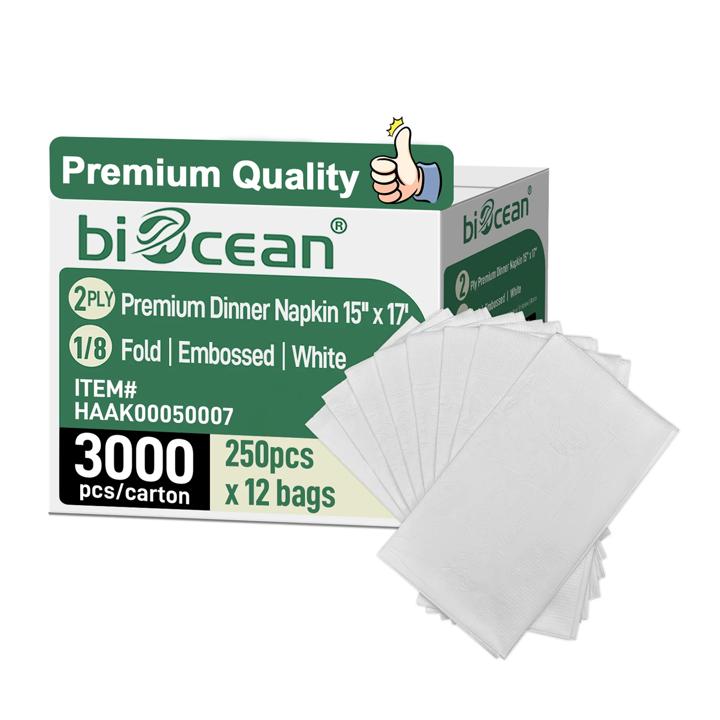 Biocean premium dinner napkin packaging with white napkins on a white background