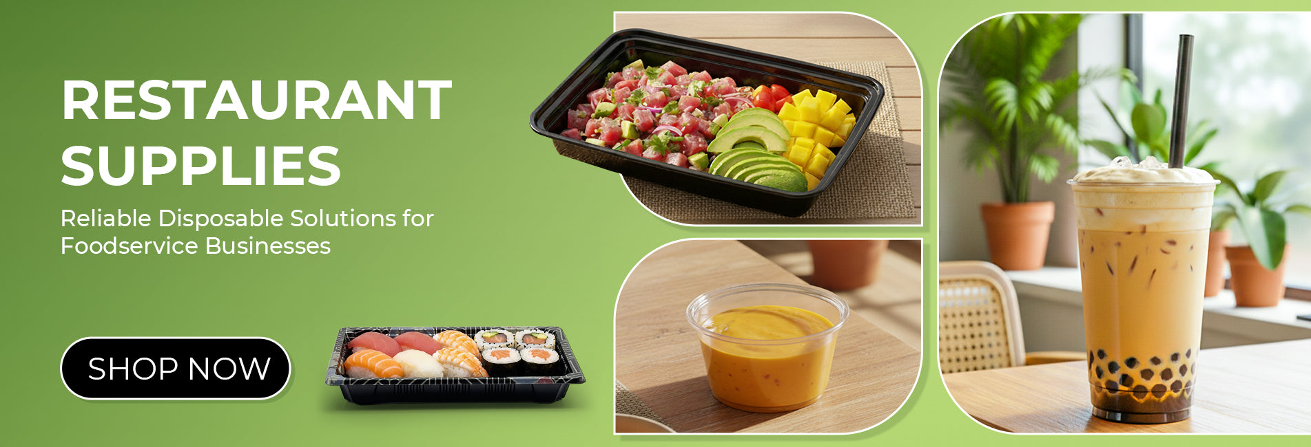 Promotional banner for restaurant supplies with various food items and a call to action.