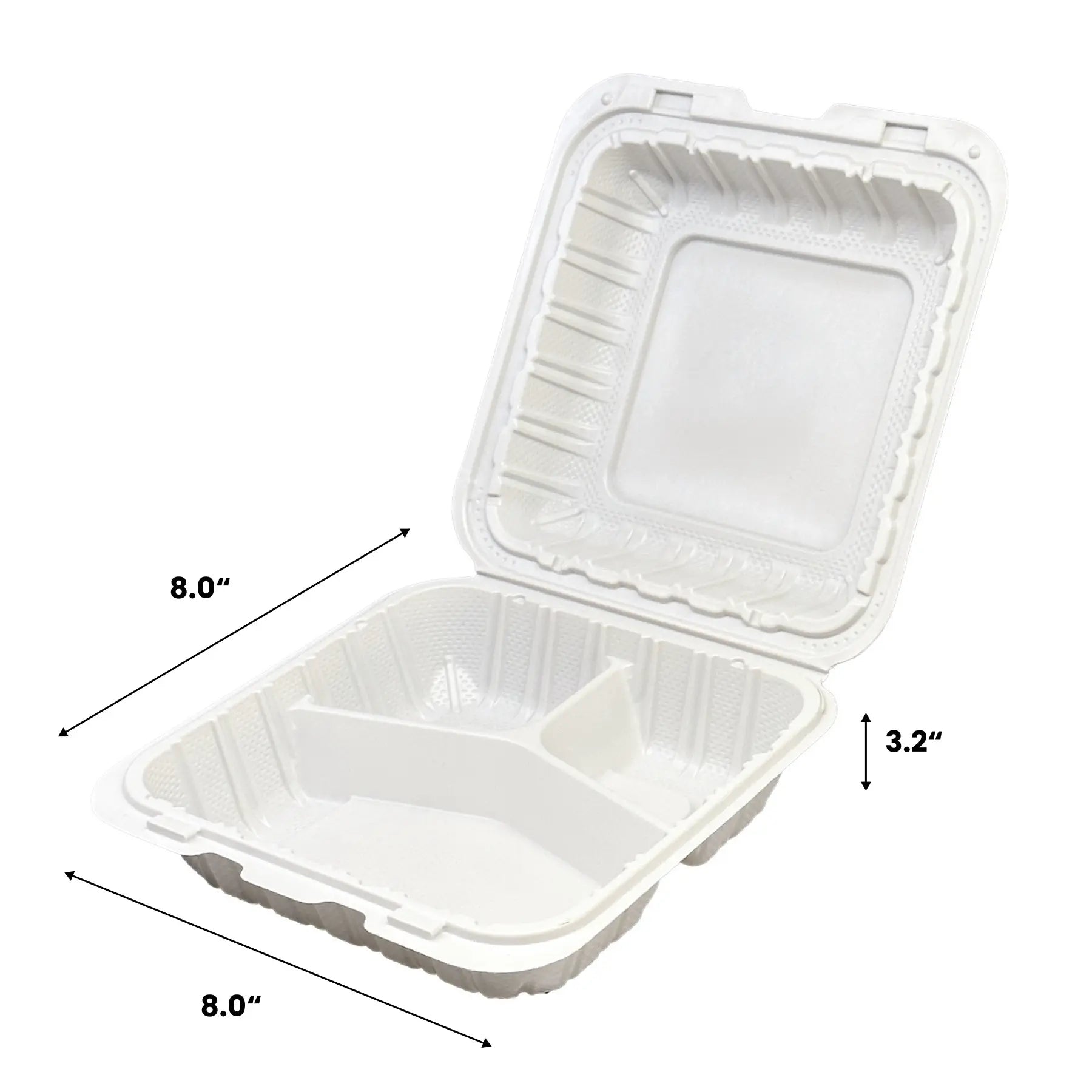 8"x 8" 3-Compartment White PP Hinged Food Containers- 150/Case