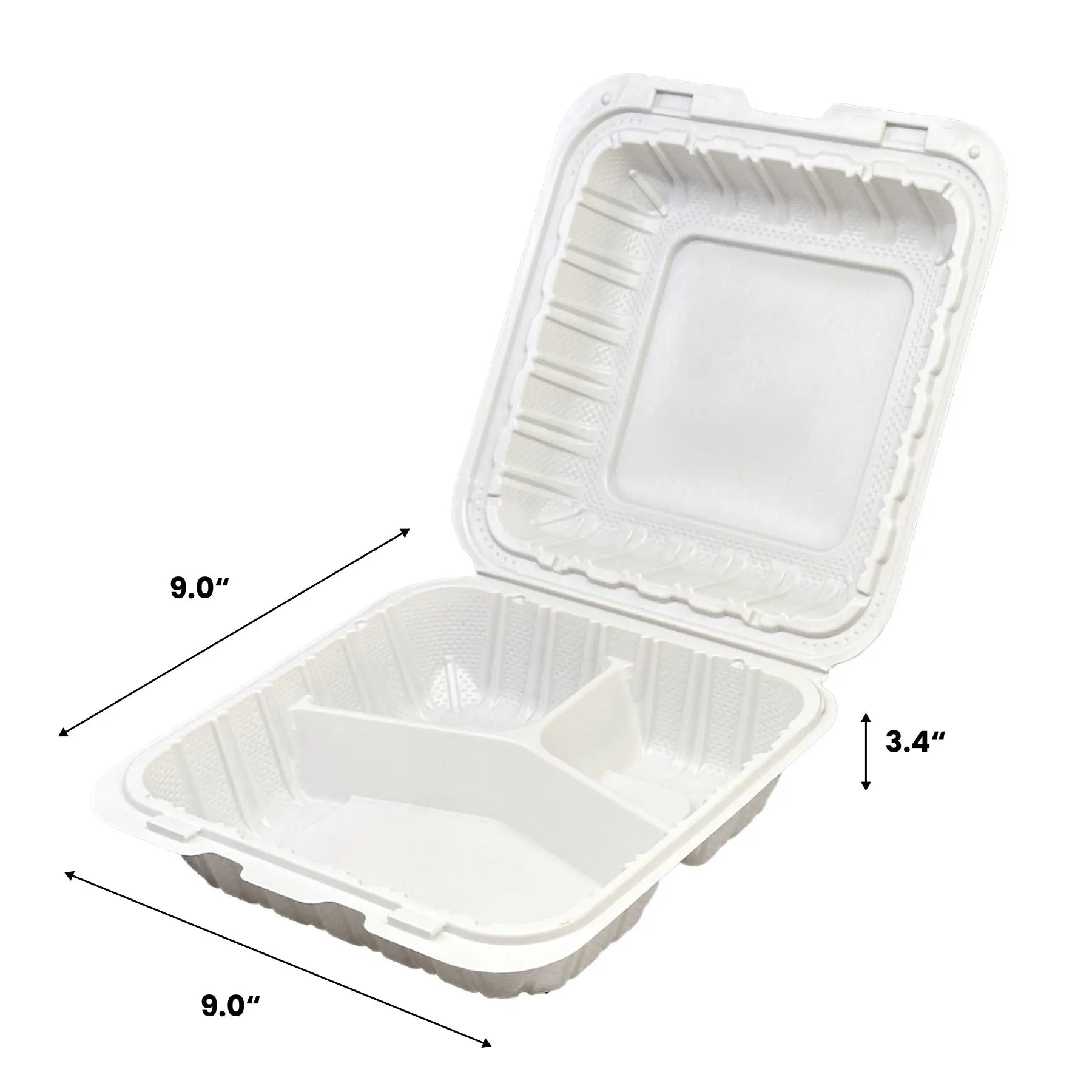 9" x 9" 3-Compartment White PP  Hinged Food Containers- 150/Case