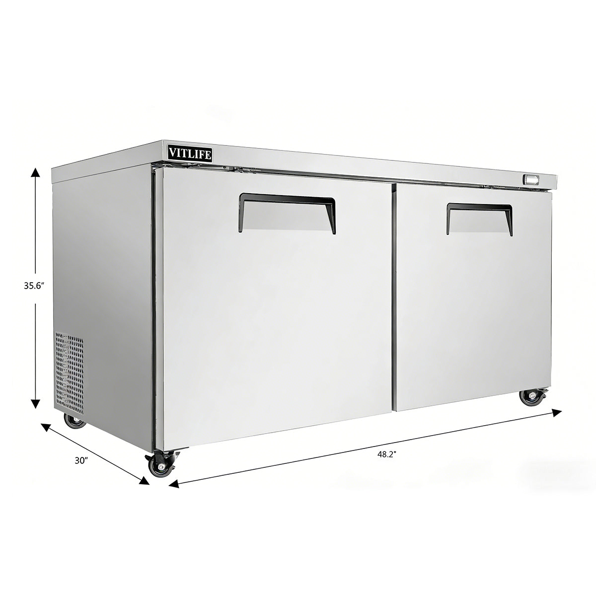 Vitlife Commercial VUC48R 48" 2-Solid Door Reach-In Undercounter Refrigerator, 11 cu. ft.