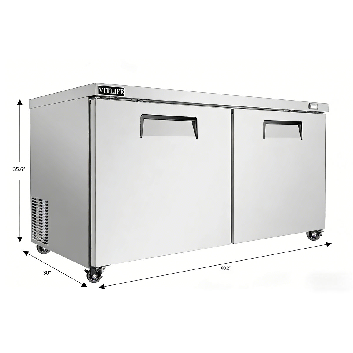 Vitlife Commercial VUC60R 60" 2-Solid Door Reach-In Undercounter Refrigerator, 14 cu. ft.