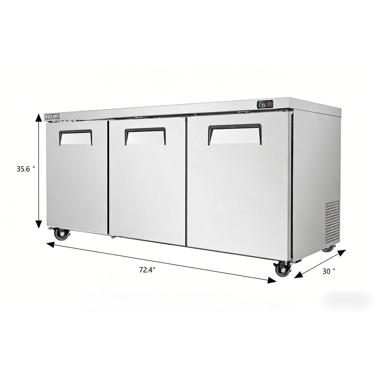 Vitlife Commercial VUC72R 72" 3-Solid Door Reach-In Undercounter Refrigerator, 16.6 cu. ft.