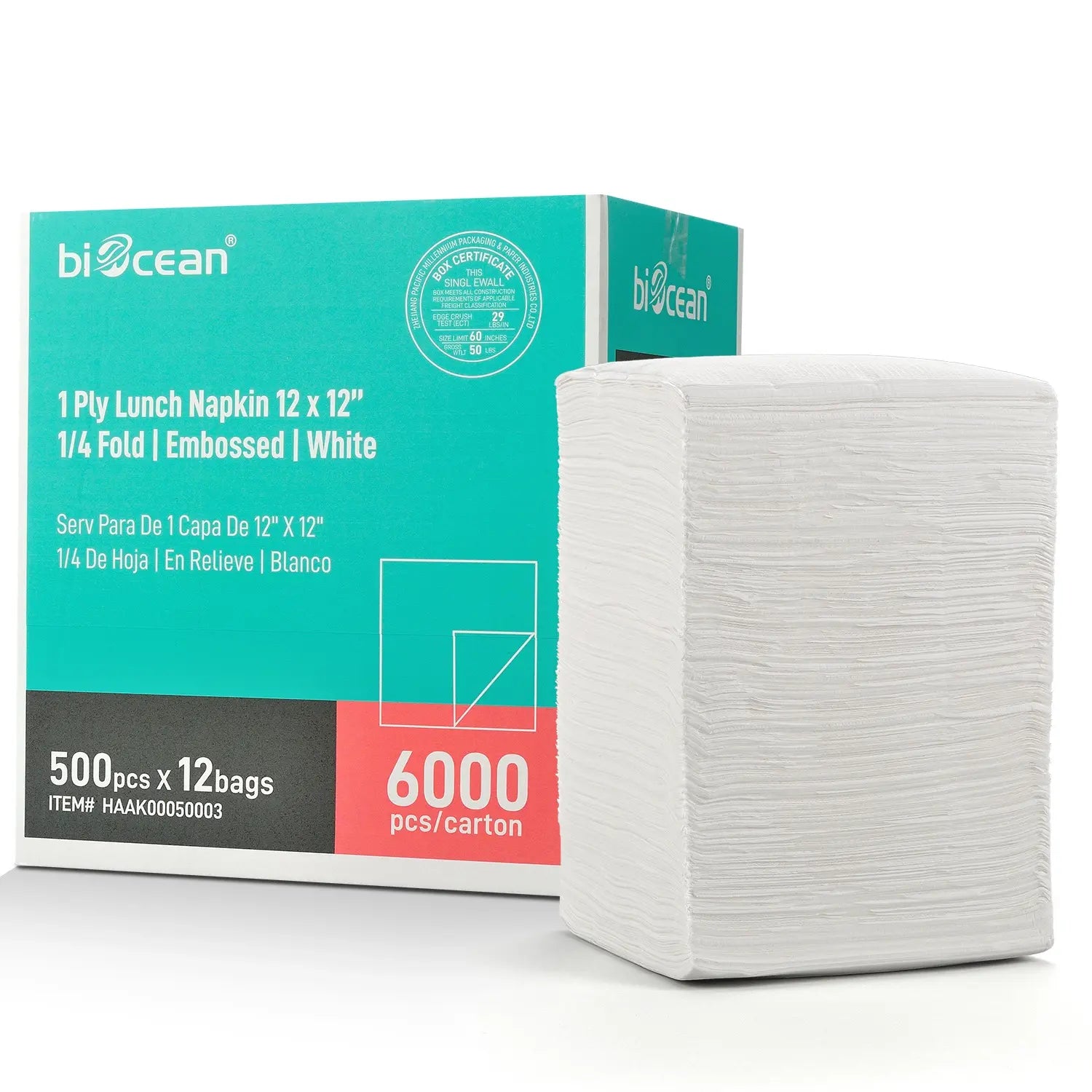 12" x 12" White 1-Ply 1/4 Fold Lunch Napkins-6,000/Case
