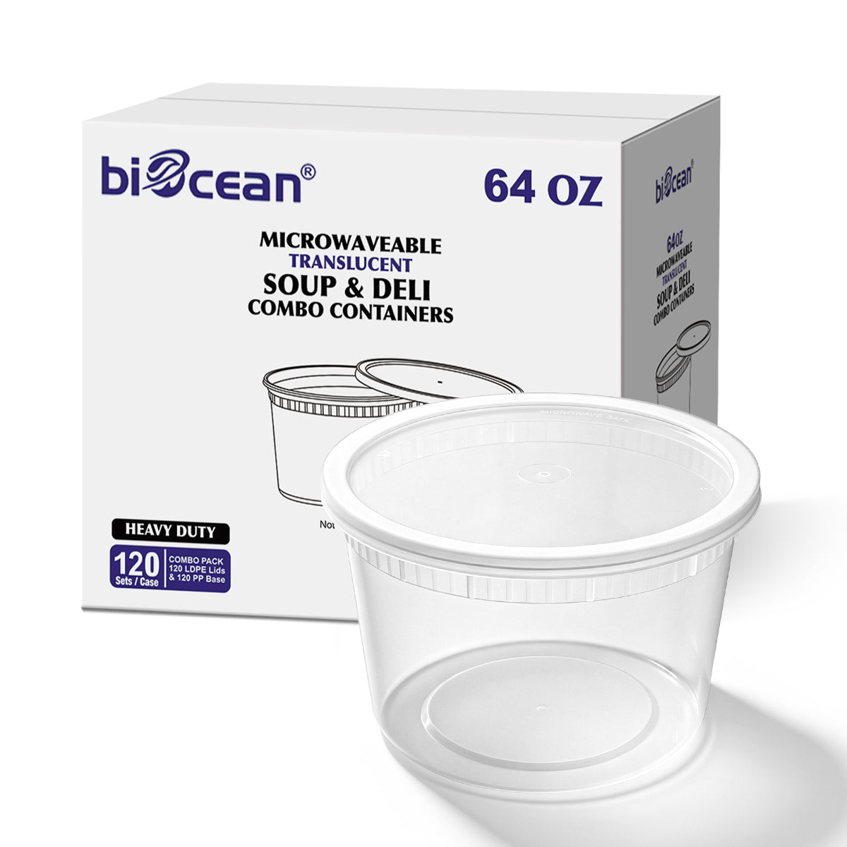 [120ct] 64 oz PP Plastic Heavy Duty Deli Containers with Lids | Microwavable | Clear