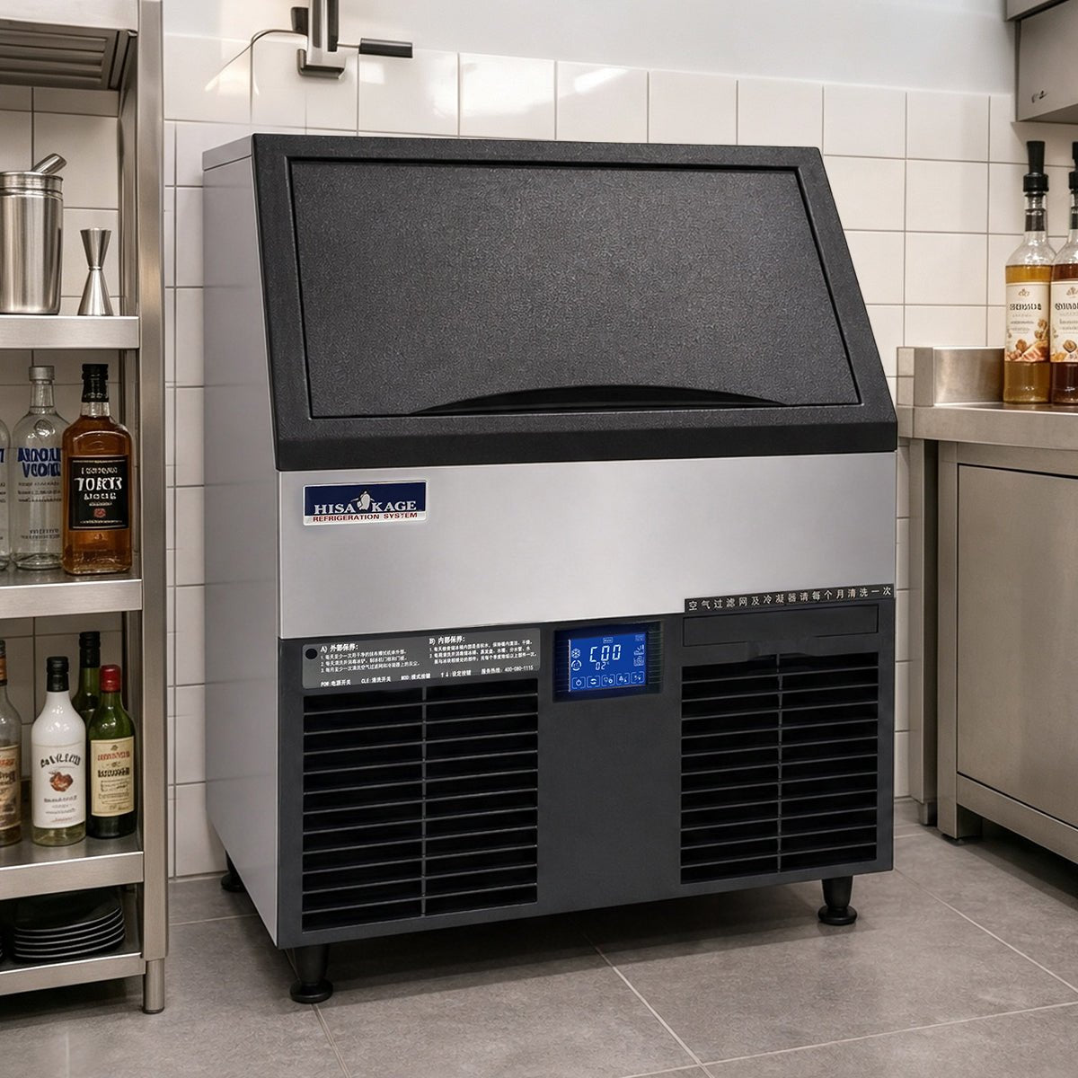 HISAKAGE 22.1" AC-250 Air-Cooled Self-Contained Cube Ice Machine with 66 lb. Storage Bin - 247 lbs Daily Output, 115V - Biocean by Danube BlueBiocean