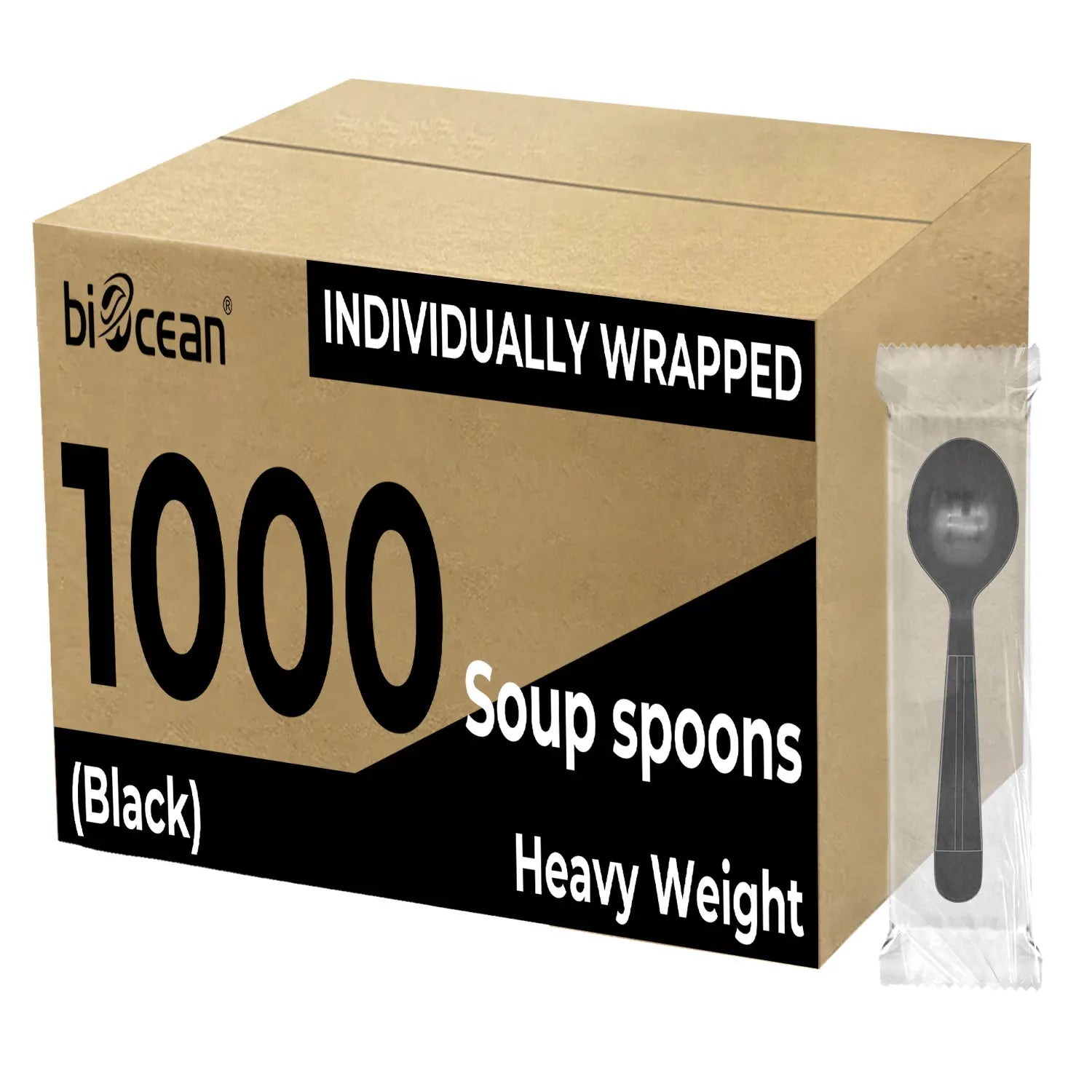 Heavy Weight Black PP Plastic Wrapped Soup Spoons - 1,000/Case