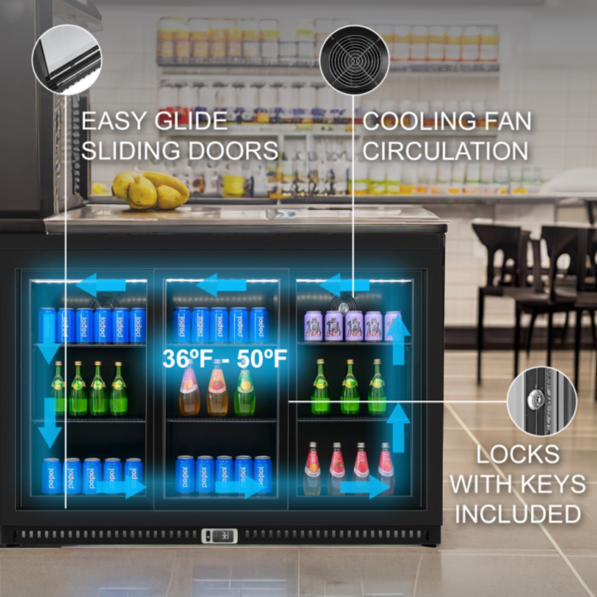 Vitlife Commercial VBBT-338S 53" Back Bar Cooler, 11.6 Cu Ft, Sliding Doors - Biocean by Danube BlueBiocean