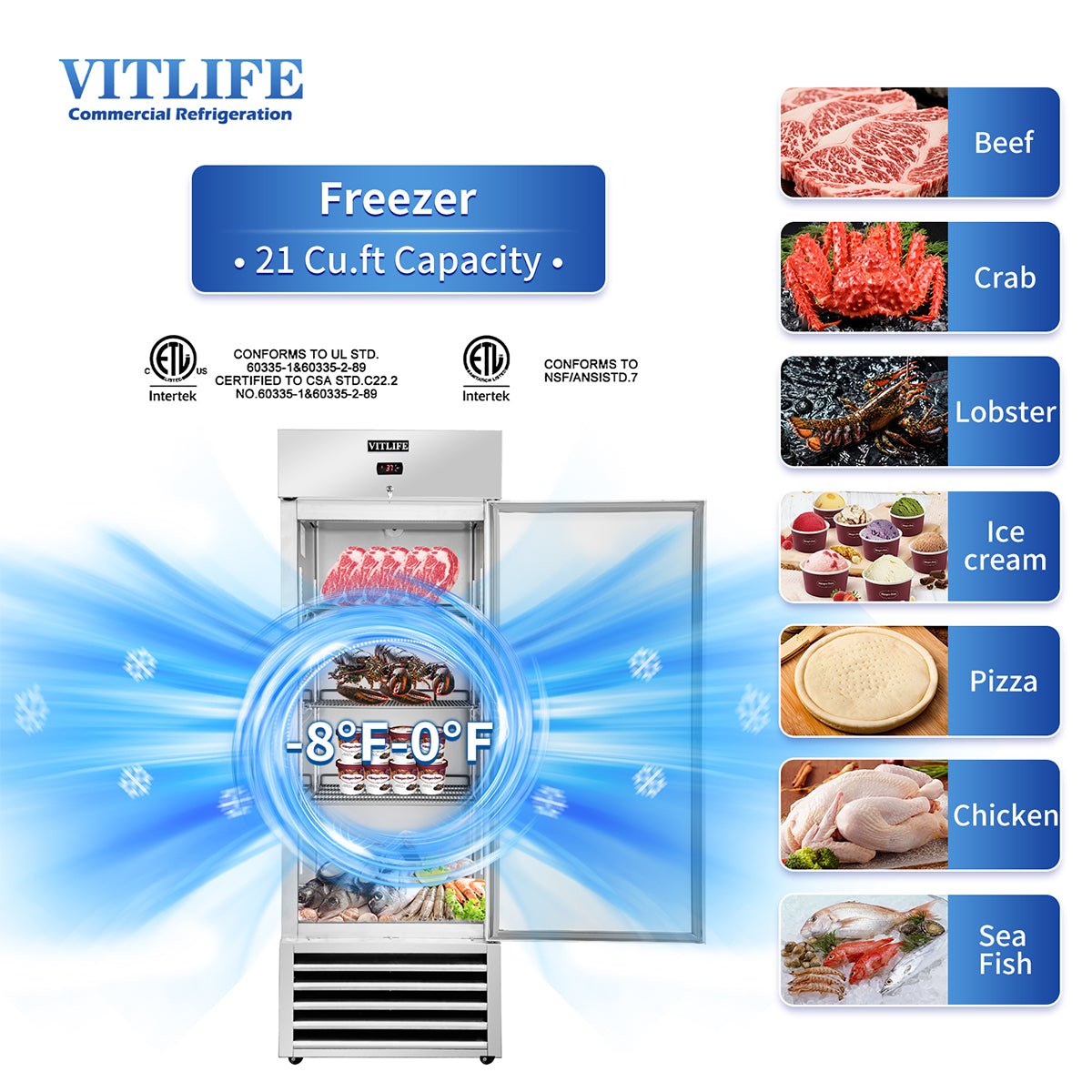 Vitlife Commercial VRB27F 27" 1 - Solid Door Reach - In Freezer, Bottom Mounted, 21 cu. ft. - Biocean by Danube BlueBiocean