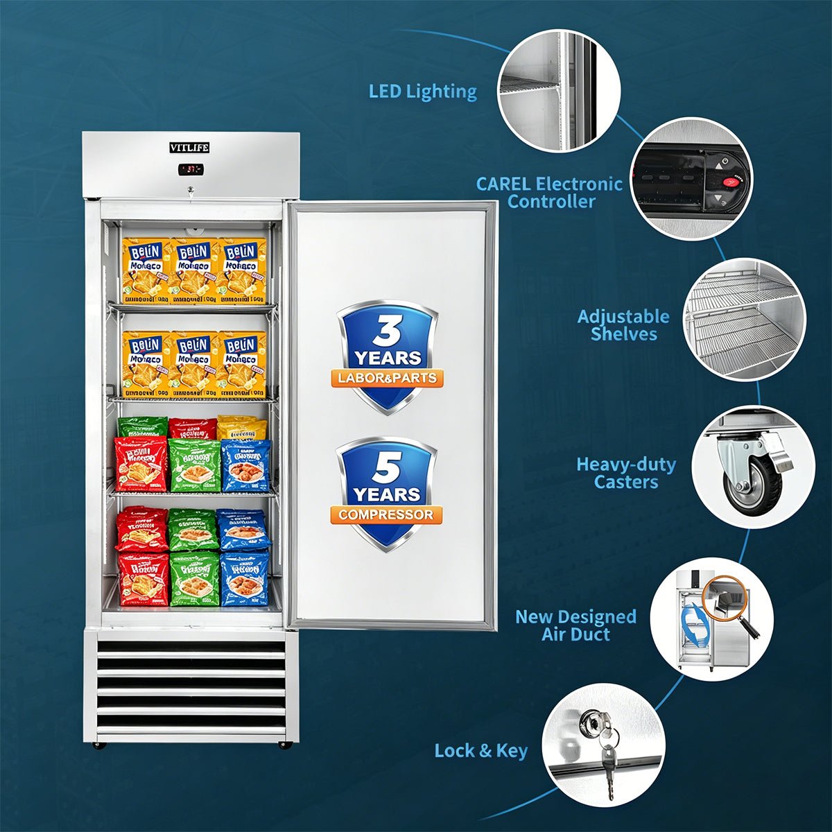 Vitlife Commercial VRB27F 27" 1 - Solid Door Reach - In Freezer, Bottom Mounted, 21 cu. ft. - Biocean by Danube BlueBiocean