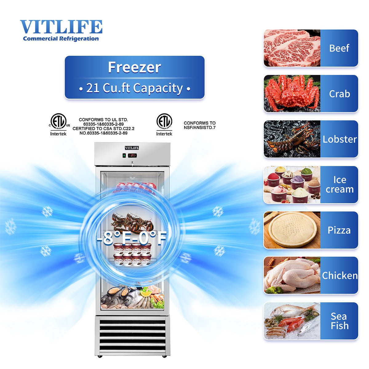 Vitlife Commercial VRB27FG 27" 1 - Solid Door Reach - In Freezer, Bottom Mounted, 21 cu. ft., Stainless Steel - Biocean by Danube BlueBiocean