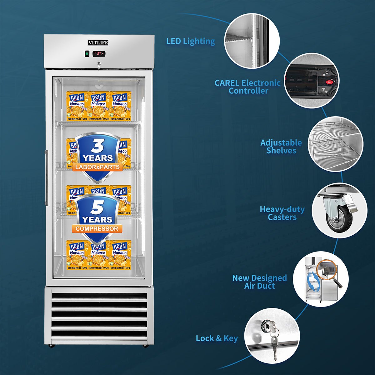Vitlife Commercial VRB27FG 27" 1 - Solid Door Reach - In Freezer, Bottom Mounted, 21 cu. ft., Stainless Steel - Biocean by Danube BlueBiocean