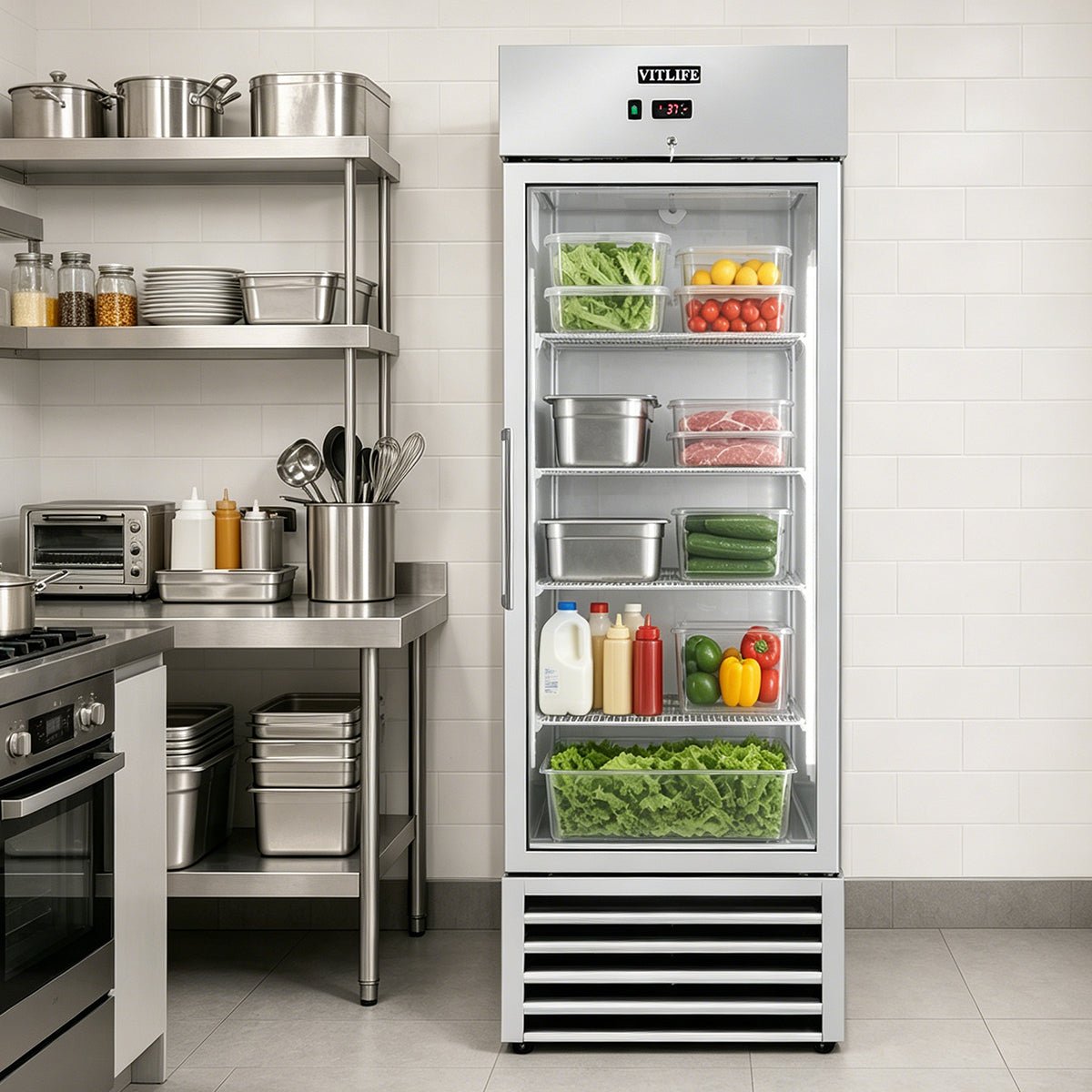 Vitlife Commercial VRB27FG 27" 1 - Solid Door Reach - In Freezer, Bottom Mounted, 21 cu. ft., Stainless Steel - Biocean by Danube BlueBiocean