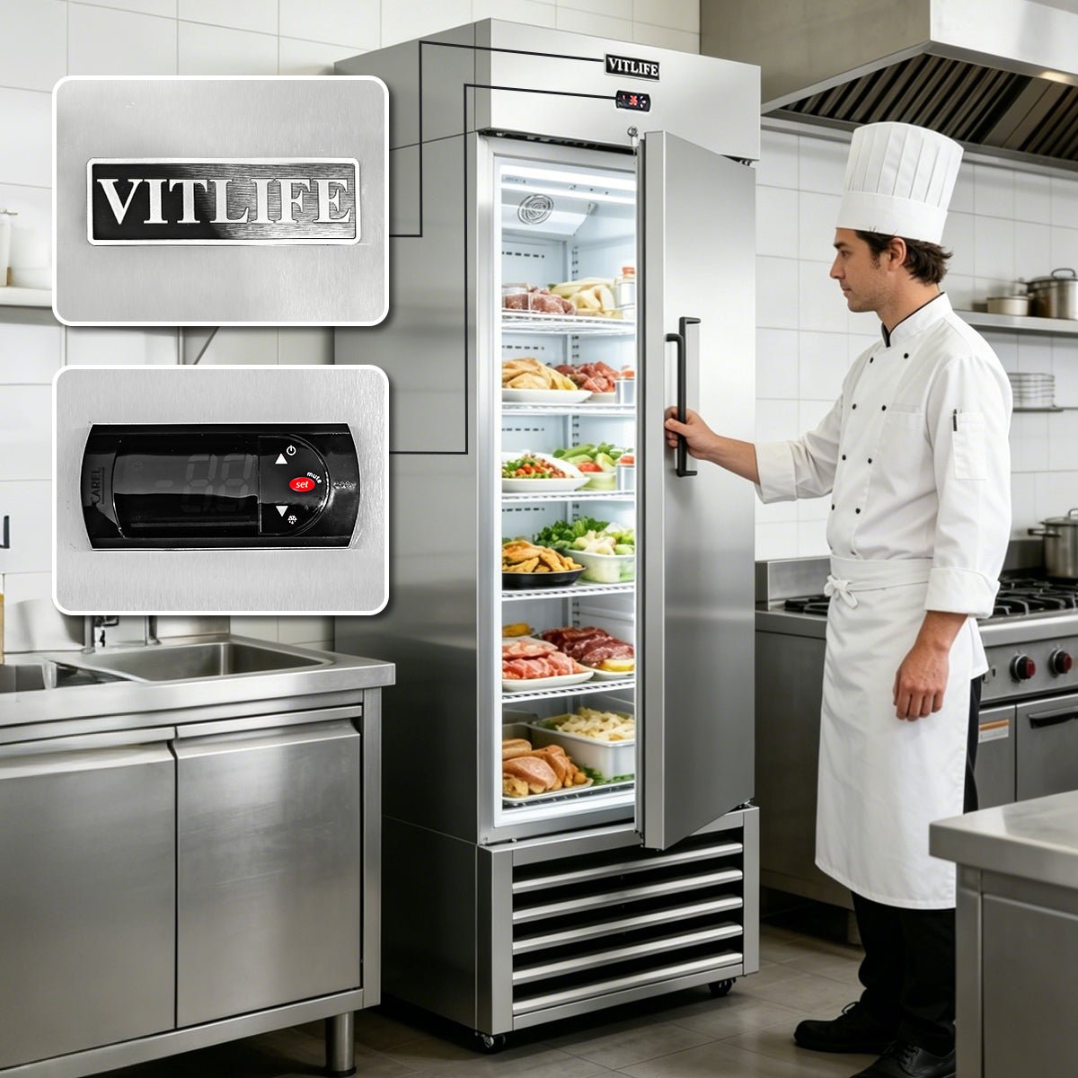 Vitlife Commercial VRB27R 27" 1 - Solid Door Reach‑In Refrigerator, 21 cu. ft., Bottom Mounted Refrigeration - Biocean by Danube BlueBiocean