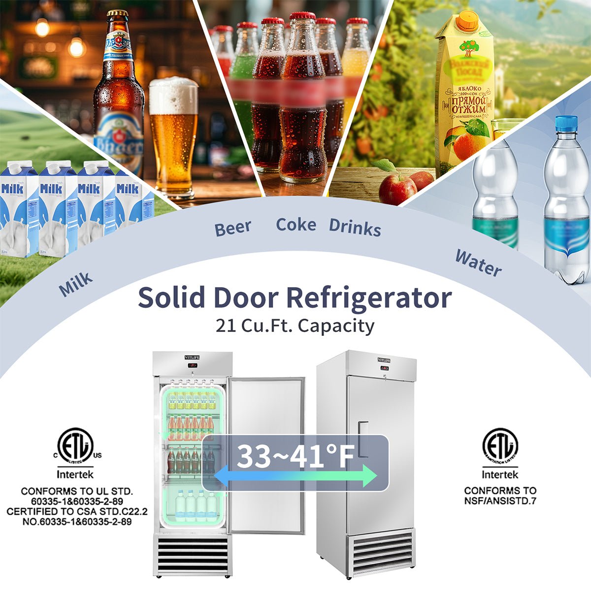 Vitlife Commercial VRB27R 27" 1 - Solid Door Reach‑In Refrigerator, 21 cu. ft., Bottom Mounted Refrigeration - Biocean by Danube BlueBiocean