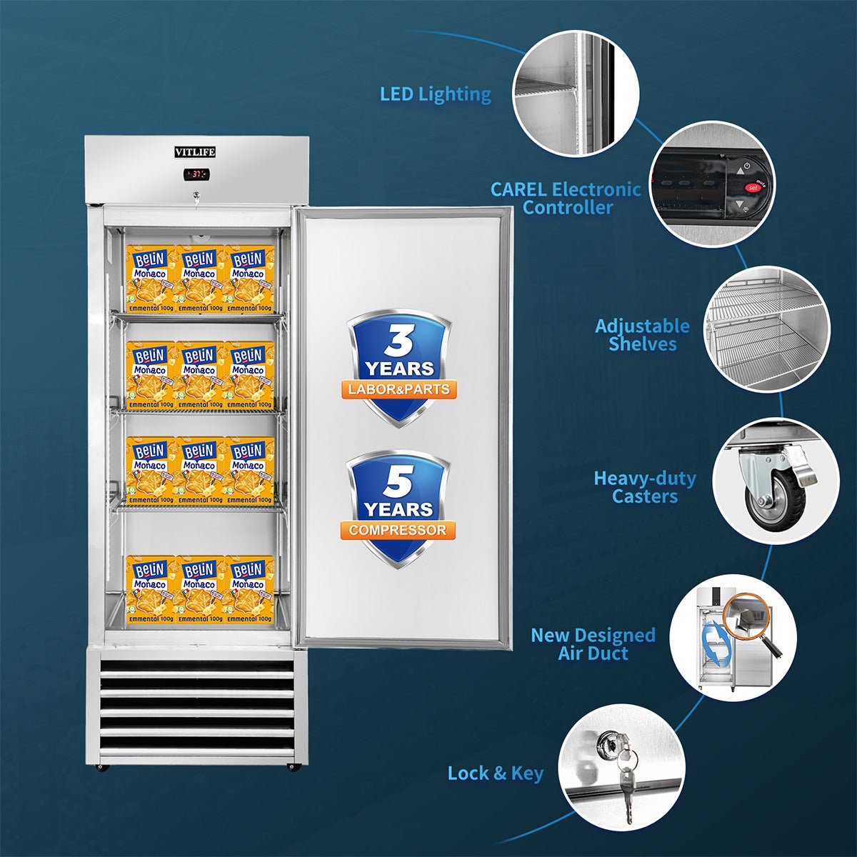 Vitlife Commercial VRB27R 27" 1 - Solid Door Reach‑In Refrigerator, 21 cu. ft., Bottom Mounted Refrigeration - Biocean by Danube BlueBiocean