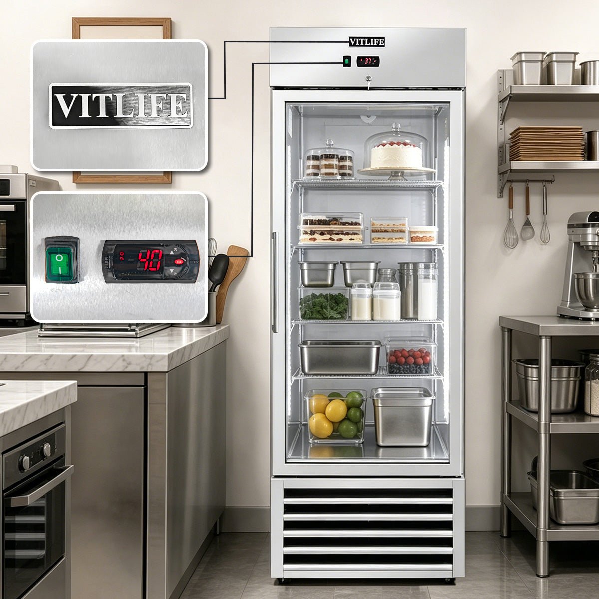 Vitlife Commercial VRB27RG 27" 1 - Glass Door Reach - In Refrigerator, 21 cu. ft. Stainless Steel, Bottom Mounted - Biocean by Danube BlueBiocean