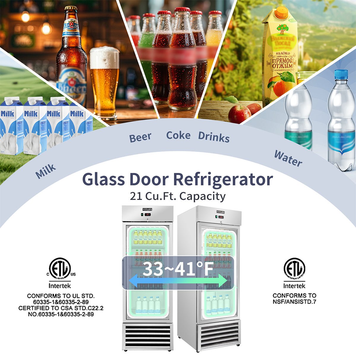 Vitlife Commercial VRB27RG 27" 1 - Glass Door Reach - In Refrigerator, 21 cu. ft. Stainless Steel, Bottom Mounted - Biocean by Danube BlueBiocean