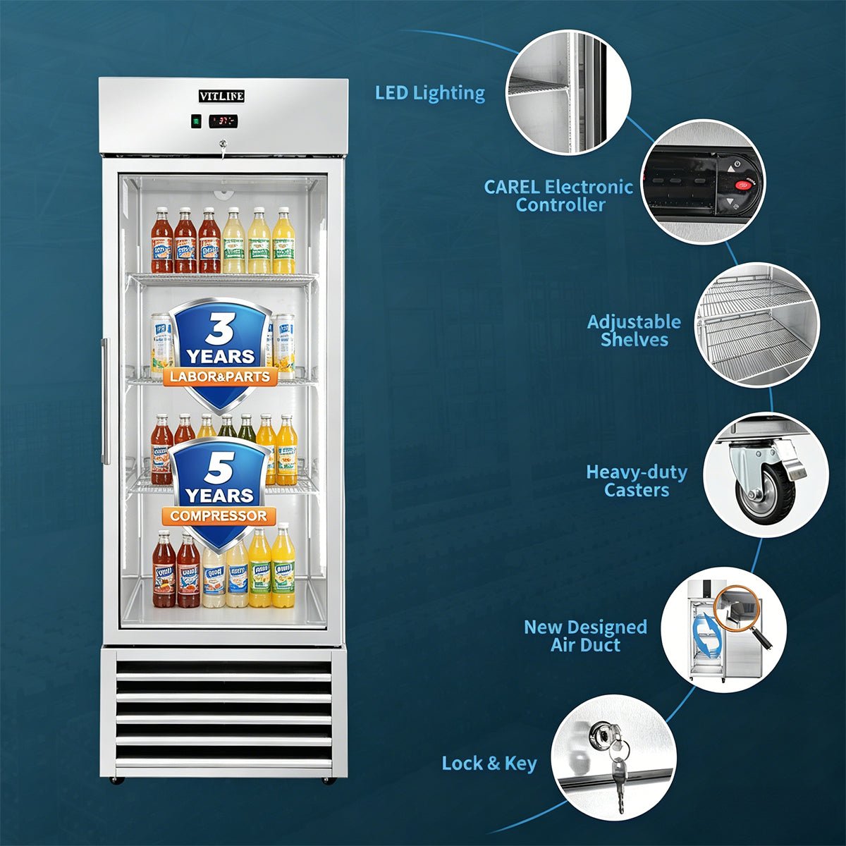 Vitlife Commercial VRB27RG 27" 1 - Glass Door Reach - In Refrigerator, 21 cu. ft. Stainless Steel, Bottom Mounted - Biocean by Danube BlueBiocean