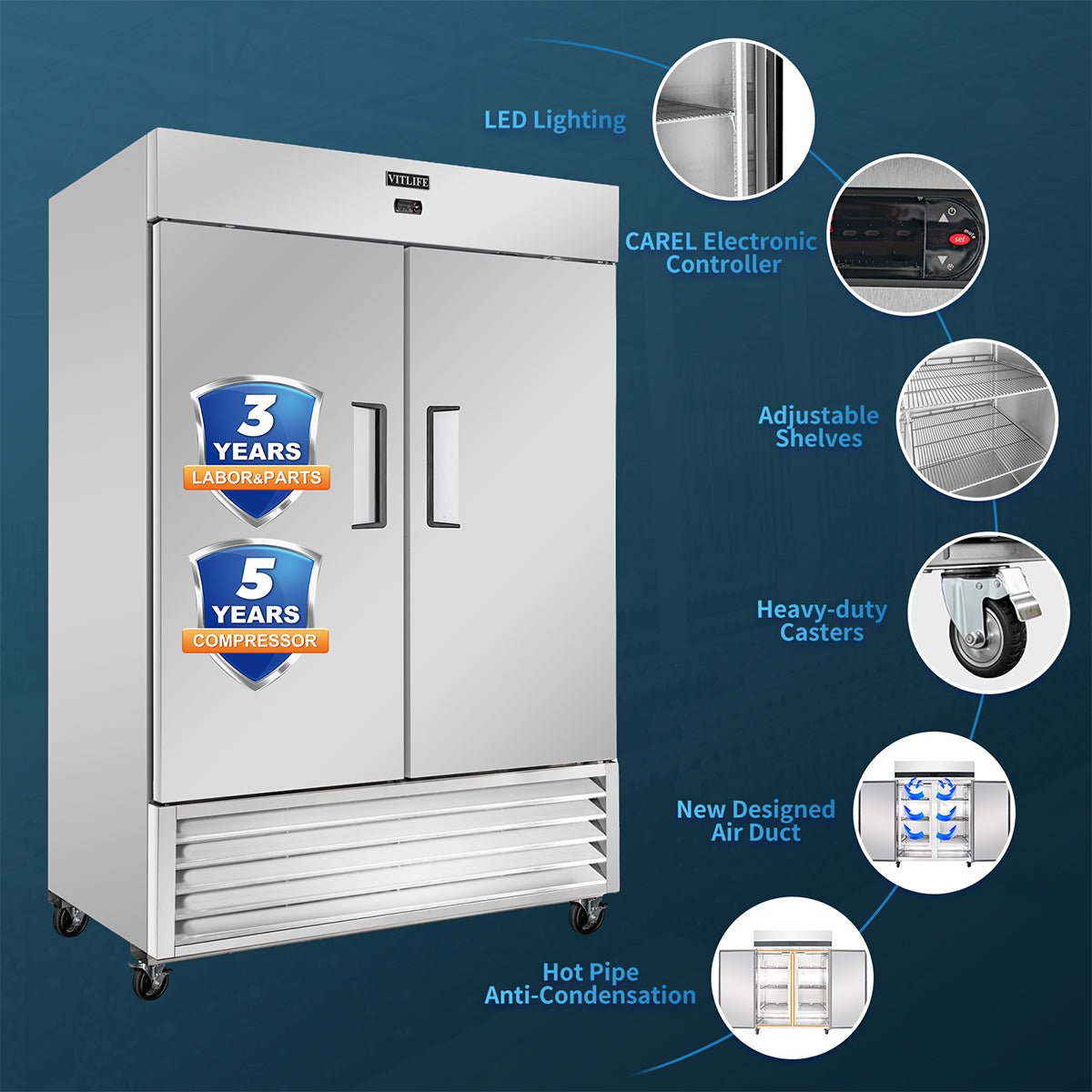 Vitlife Commercial VRB54F 54 - 1/8" 2 - Solid Door Reach - In Freezer, Bottom Mount, 46 cu. ft. - Biocean by Danube BlueBiocean