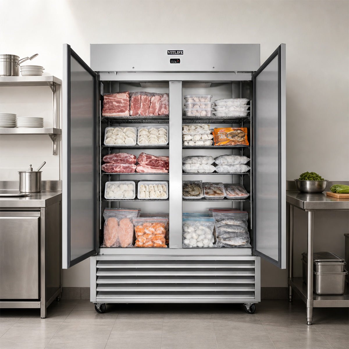 Vitlife Commercial VRB54F 54 - 1/8" 2 - Solid Door Reach - In Freezer, Bottom Mount, 46 cu. ft. - Biocean by Danube BlueBiocean