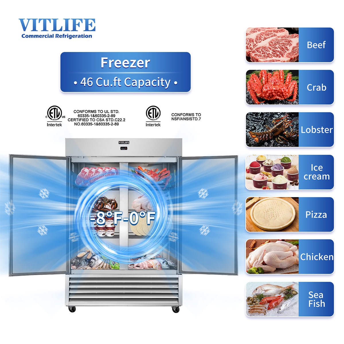 Vitlife Commercial VRB54F 54 - 1/8" 2 - Solid Door Reach - In Freezer, Bottom Mount, 46 cu. ft. - Biocean by Danube BlueBiocean