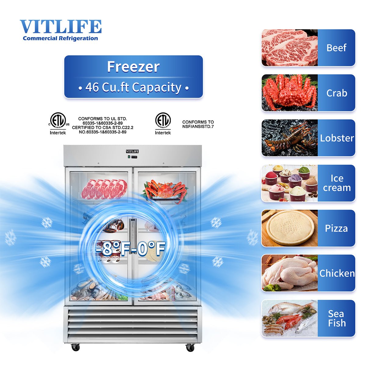 Vitlife Commercial VRB54FG 54" 2 - Glass Door Reach - In Freezer, Bottom Mounted, 46 cu. ft. - Biocean by Danube BlueBiocean
