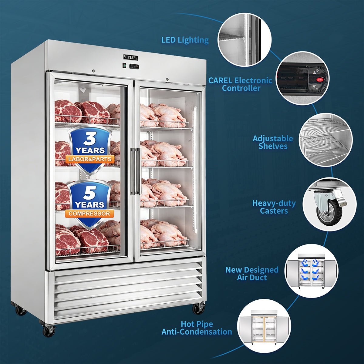 Vitlife Commercial VRB54FG 54" 2 - Glass Door Reach - In Freezer, Bottom Mounted, 46 cu. ft. - Biocean by Danube BlueBiocean