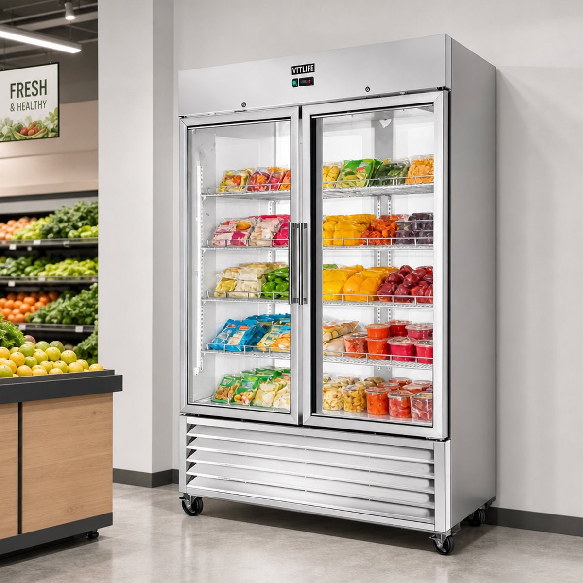 Vitlife Commercial VRB54FG 54" 2 - Glass Door Reach - In Freezer, Bottom Mounted, 46 cu. ft. - Biocean by Danube BlueBiocean