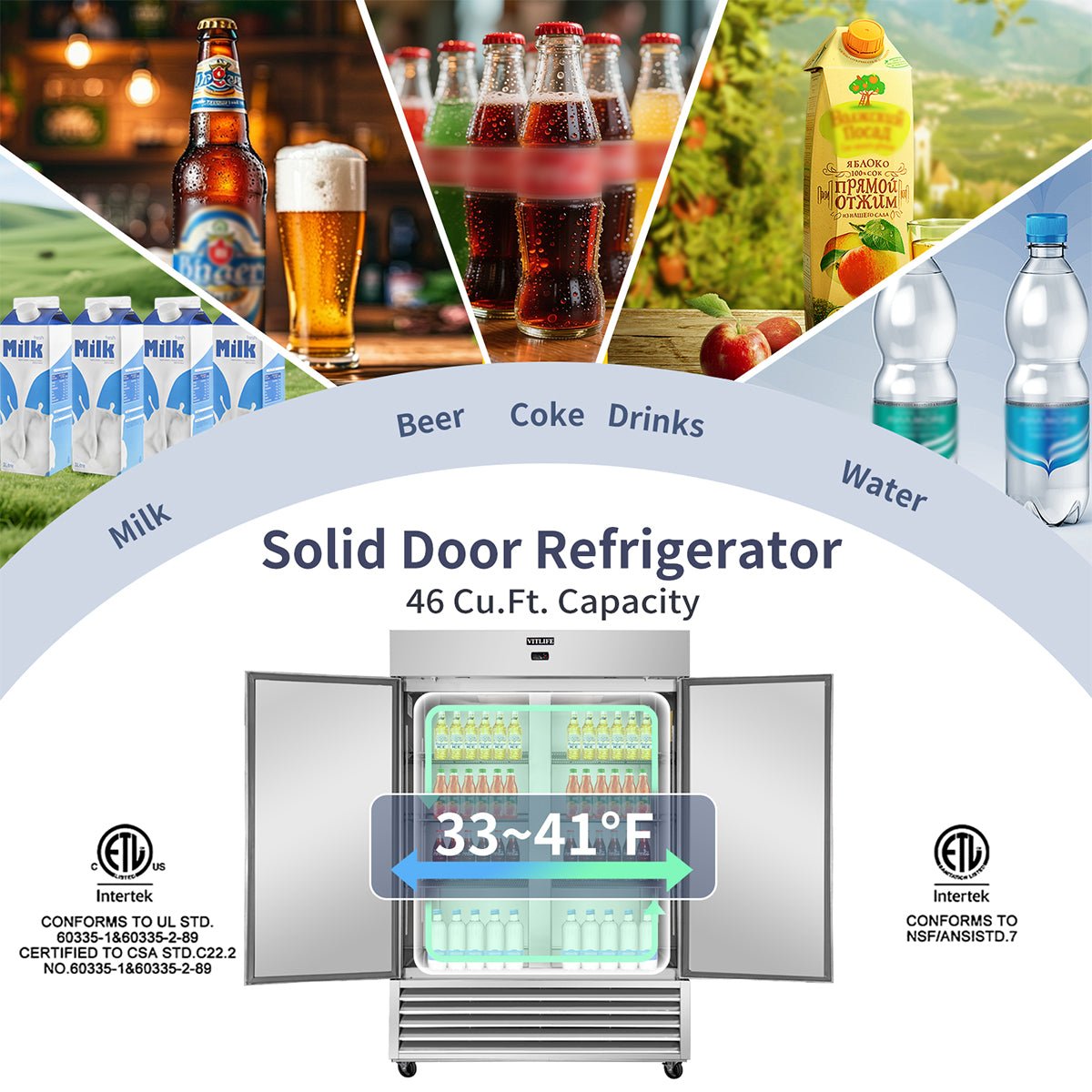 Vitlife Commercial VRB54R 54" 2 - Solid Door Reach‑In Refrigerator, 46 cu. ft., Bottom Mounted Refrigeration - Biocean by Danube BlueBiocean
