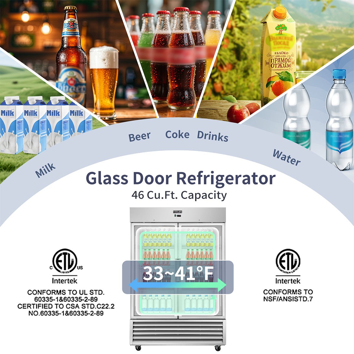 Vitlife Commercial VRB54RG 54" 2 - Glass Door Reach - In Refrigerator, 46 cu. ft. Stainless Steel, Bottom Mounted - Biocean by Danube BlueBiocean