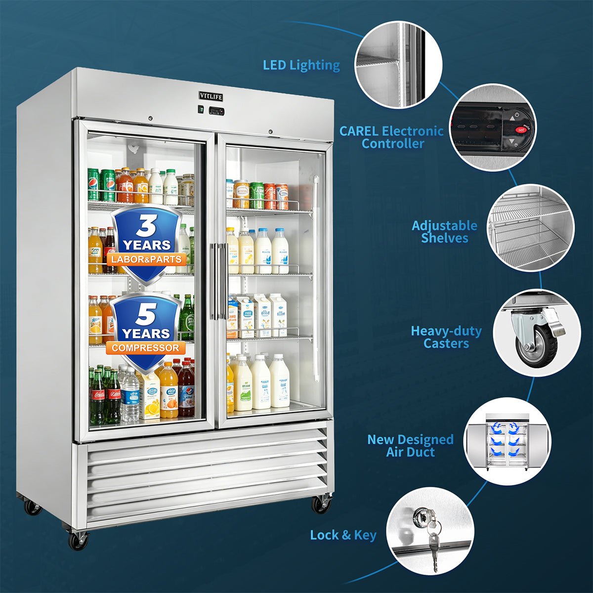 Vitlife Commercial VRB54RG 54" 2 - Glass Door Reach - In Refrigerator, 46 cu. ft. Stainless Steel, Bottom Mounted - Biocean by Danube BlueBiocean