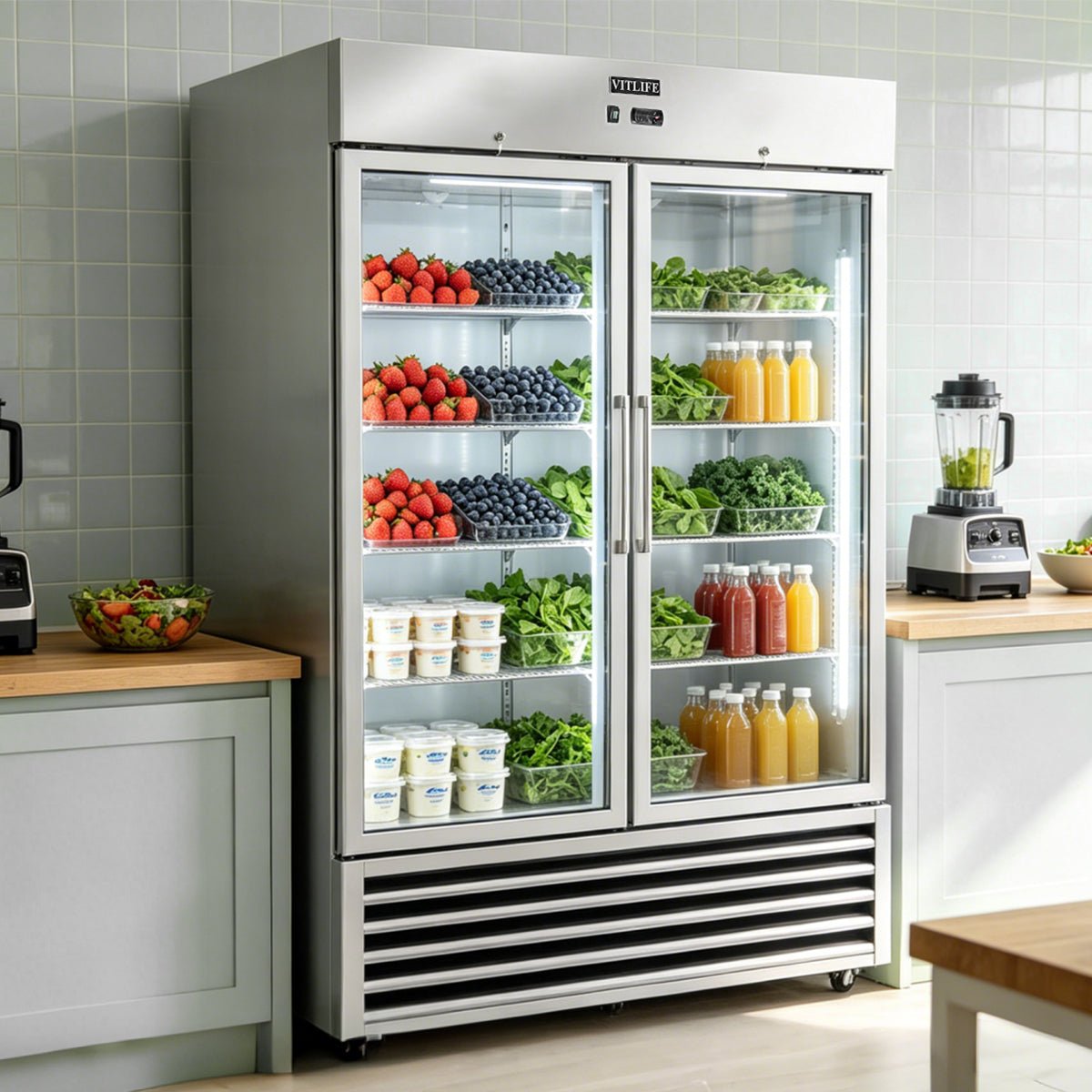 Vitlife Commercial VRB54RG 54" 2 - Glass Door Reach - In Refrigerator, 46 cu. ft. Stainless Steel, Bottom Mounted - Biocean by Danube BlueBiocean