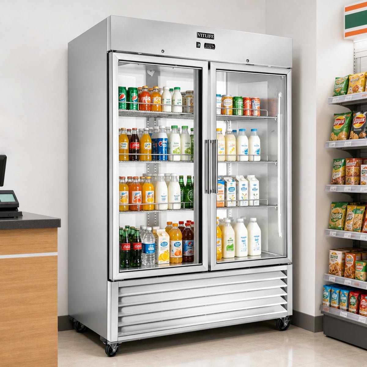 Vitlife Commercial VRB54RG 54" 2 - Glass Door Reach - In Refrigerator, 46 cu. ft. Stainless Steel, Bottom Mounted - Biocean by Danube BlueBiocean