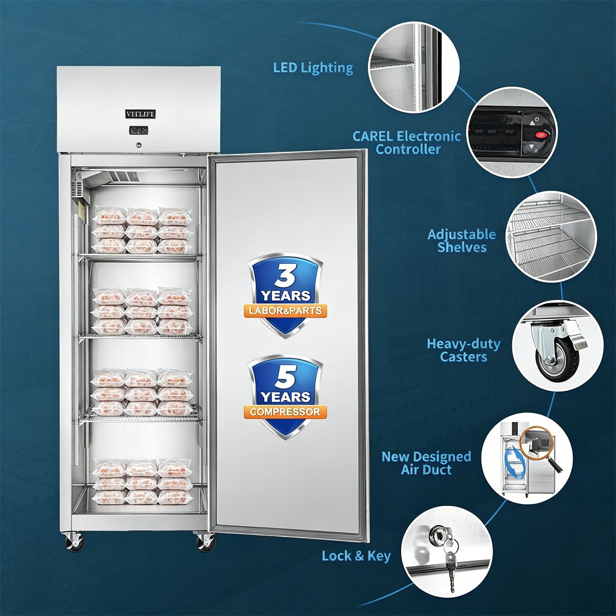 Vitlife Commercial VRT27F 27" 1 - Solid Door Reach - In Freezer, Top Mounted, 21 cu. ft., Stainless Steel - Biocean by Danube BlueBiocean