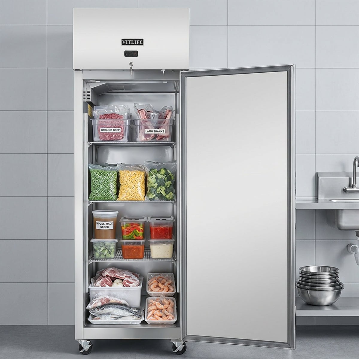 Vitlife Commercial VRT27F 27" 1 - Solid Door Reach - In Freezer, Top Mounted, 21 cu. ft., Stainless Steel - Biocean by Danube BlueBiocean