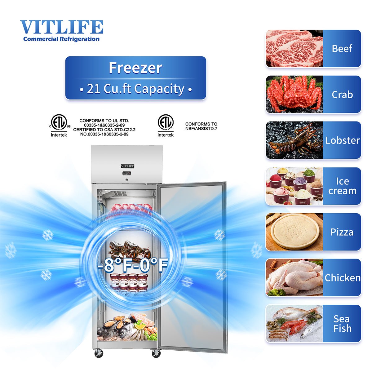 Vitlife Commercial VRT27F 27" 1 - Solid Door Reach - In Freezer, Top Mounted, 21 cu. ft., Stainless Steel - Biocean by Danube BlueBiocean